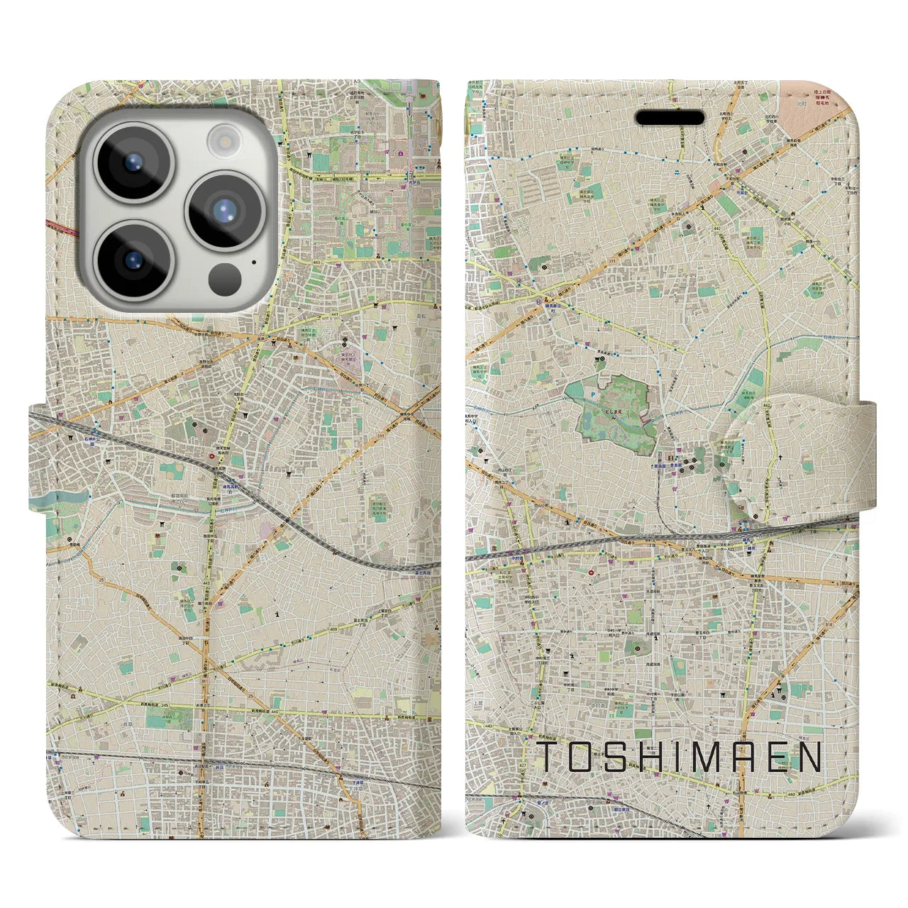 【豊島園(東京都)】地図柄iPhoneケース(手帳タイプ)ナチュラル・iPhone 15 Pro 用