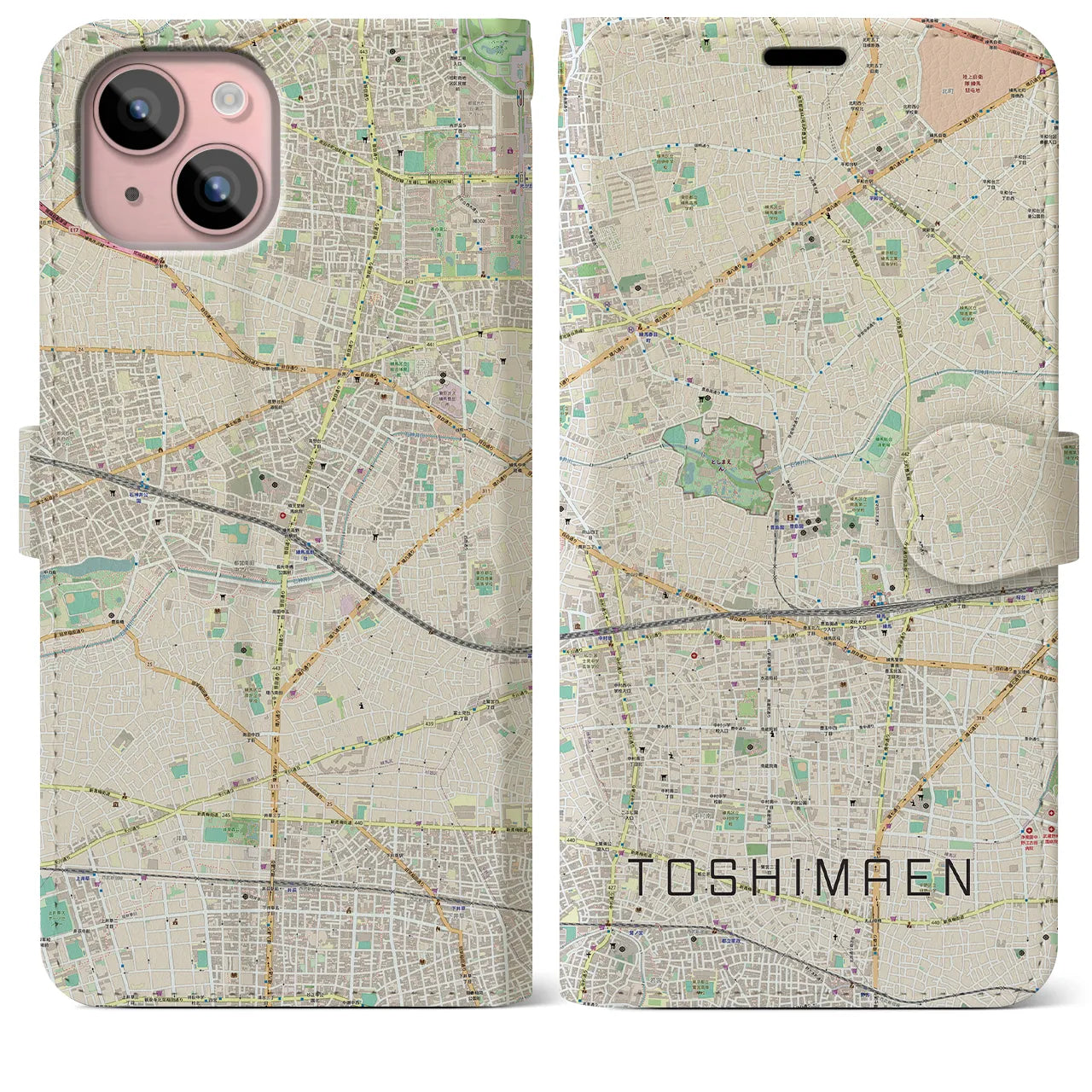 【豊島園(東京都)】地図柄iPhoneケース(手帳タイプ)ナチュラル・iPhone 15 Plus 用