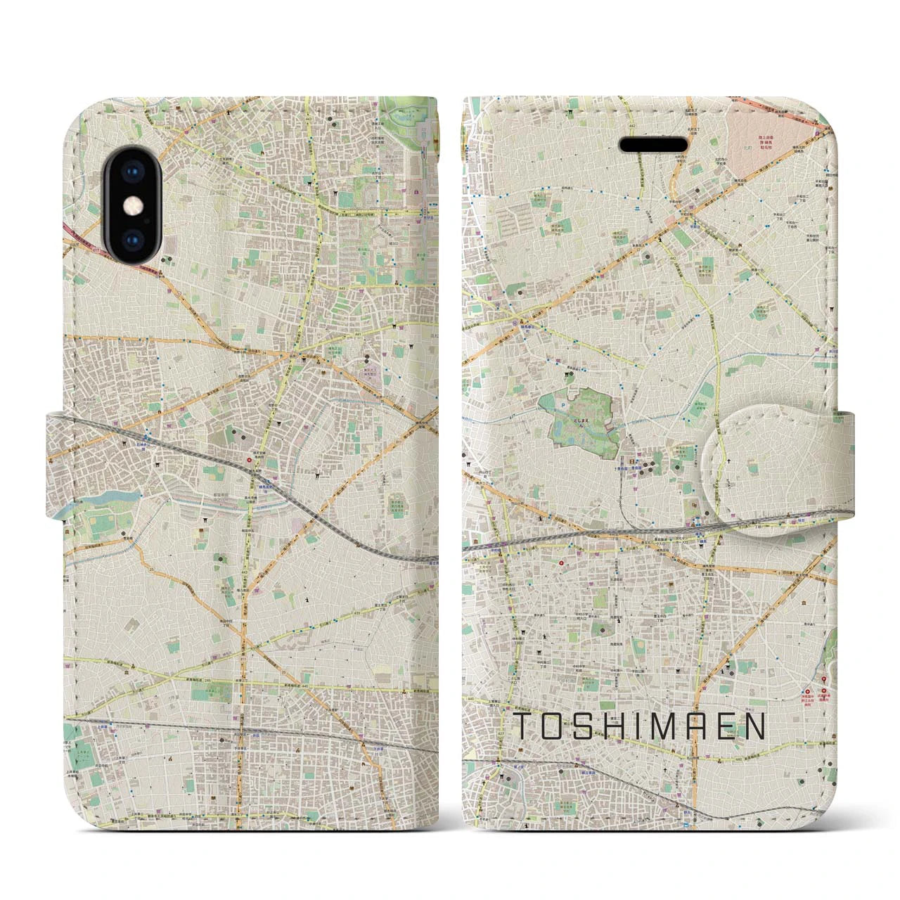 【豊島園(東京都)】地図柄iPhoneケース(手帳タイプ)ナチュラル・iPhone XS / X 用