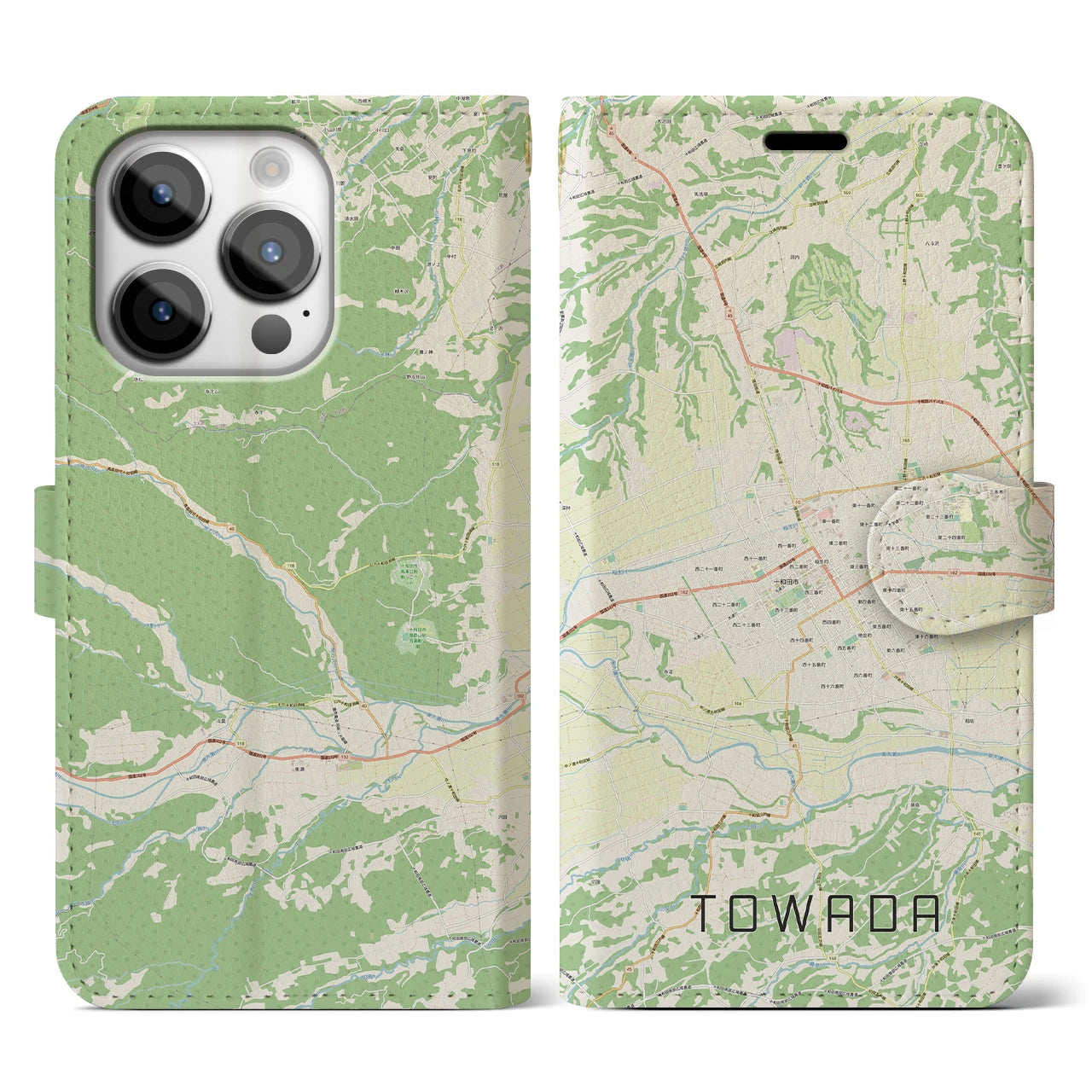 【十和田(青森県)】地図柄iPhoneケース(手帳タイプ)ナチュラル・iPhone 14 Pro 用