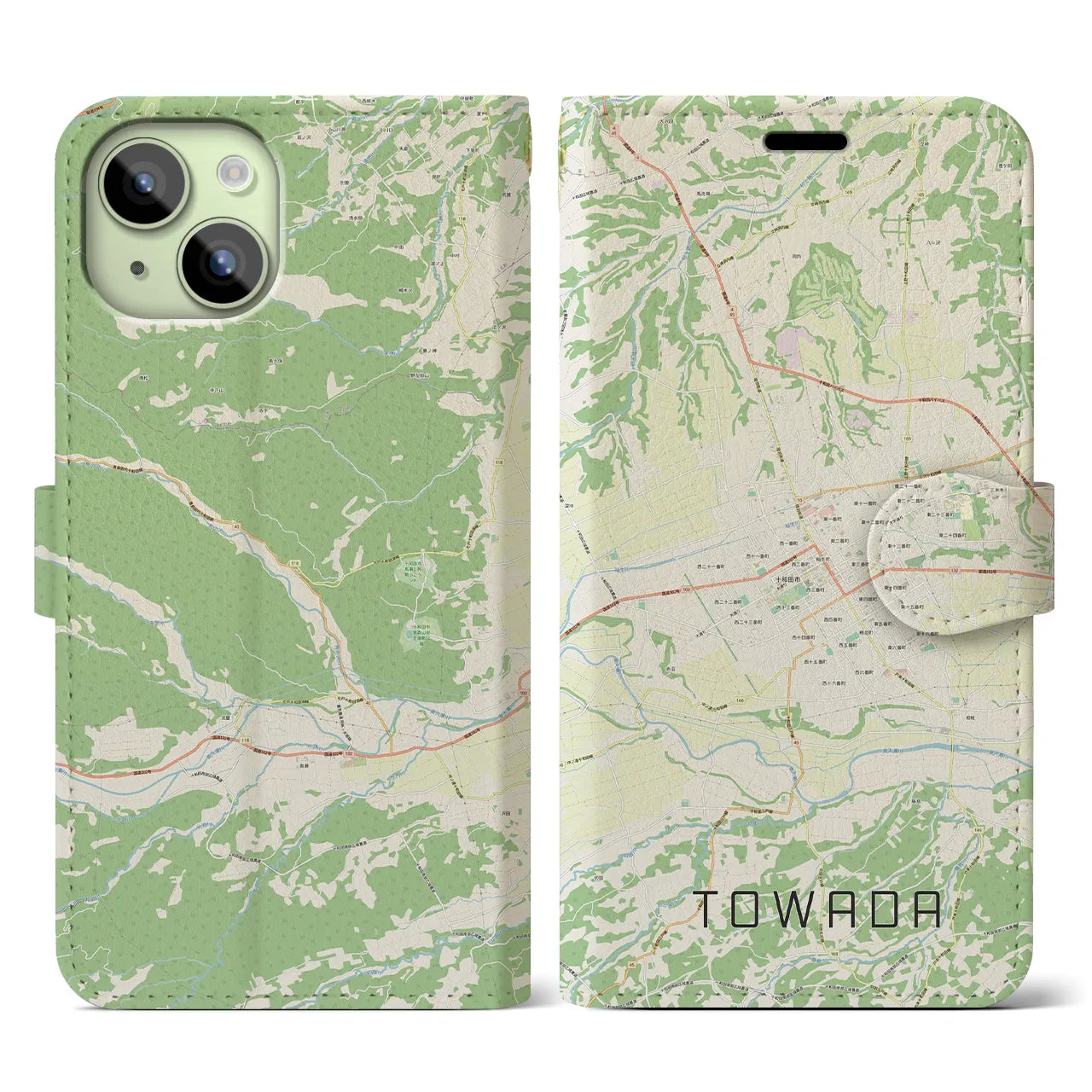 【十和田(青森県)】地図柄iPhoneケース(手帳タイプ)ナチュラル・iPhone 15 用