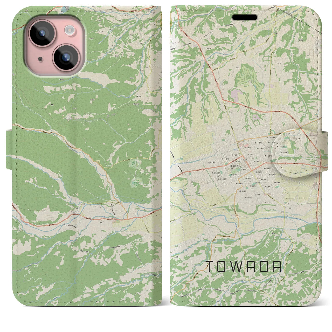 【十和田(青森県)】地図柄iPhoneケース(手帳タイプ)ナチュラル・iPhone 15 Plus 用