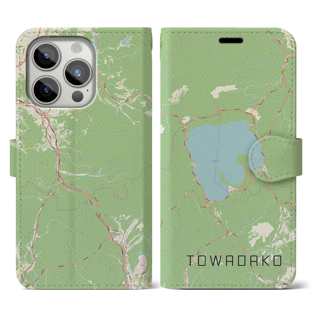 【十和田湖(青森県)】地図柄iPhoneケース(手帳タイプ)ナチュラル・iPhone 15 Pro 用