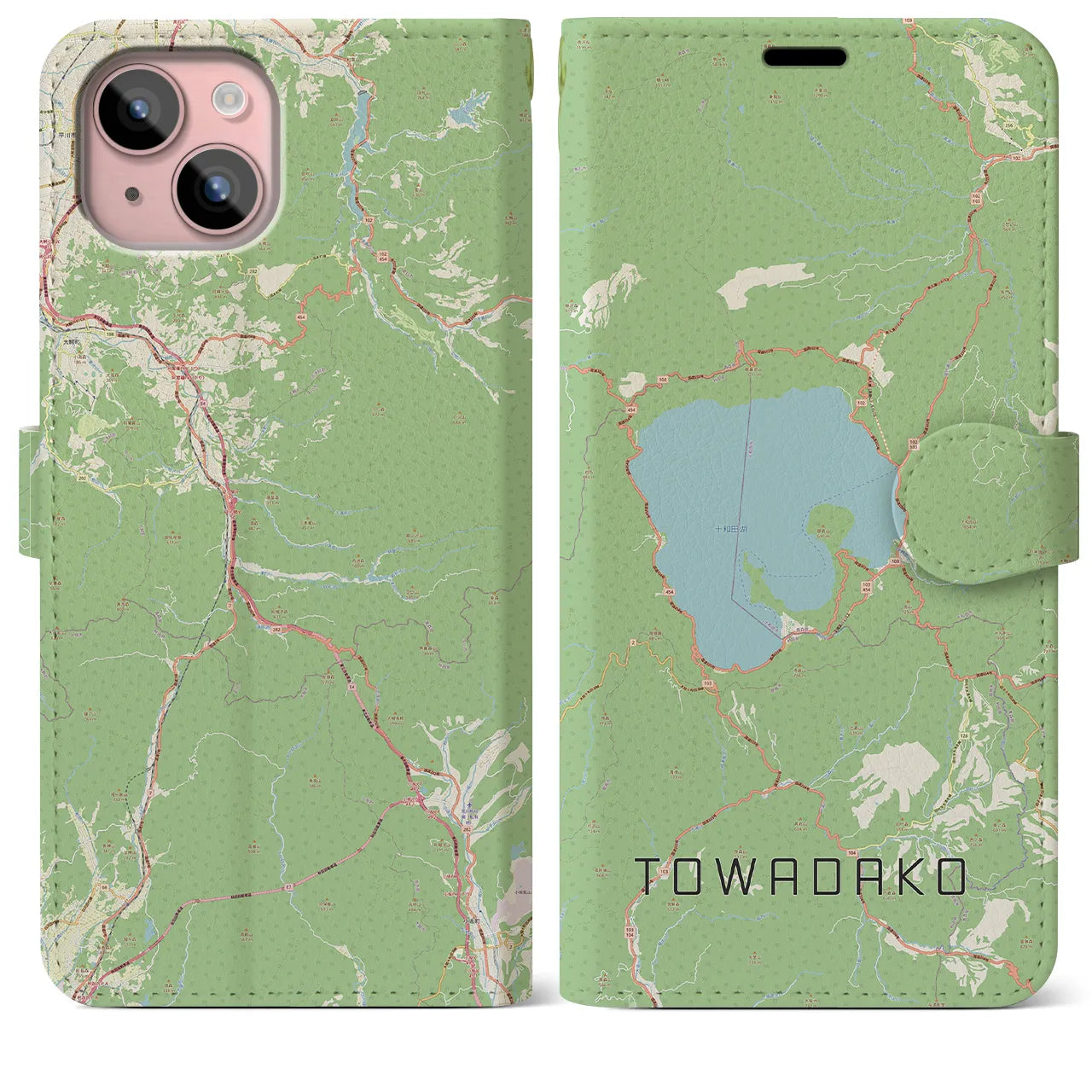 【十和田湖(青森県)】地図柄iPhoneケース(手帳タイプ)ナチュラル・iPhone 15 Plus 用