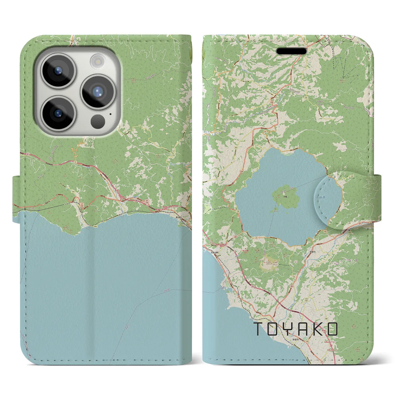 【洞爺湖(北海道)】地図柄iPhoneケース(手帳タイプ)ナチュラル・iPhone 15 Pro 用