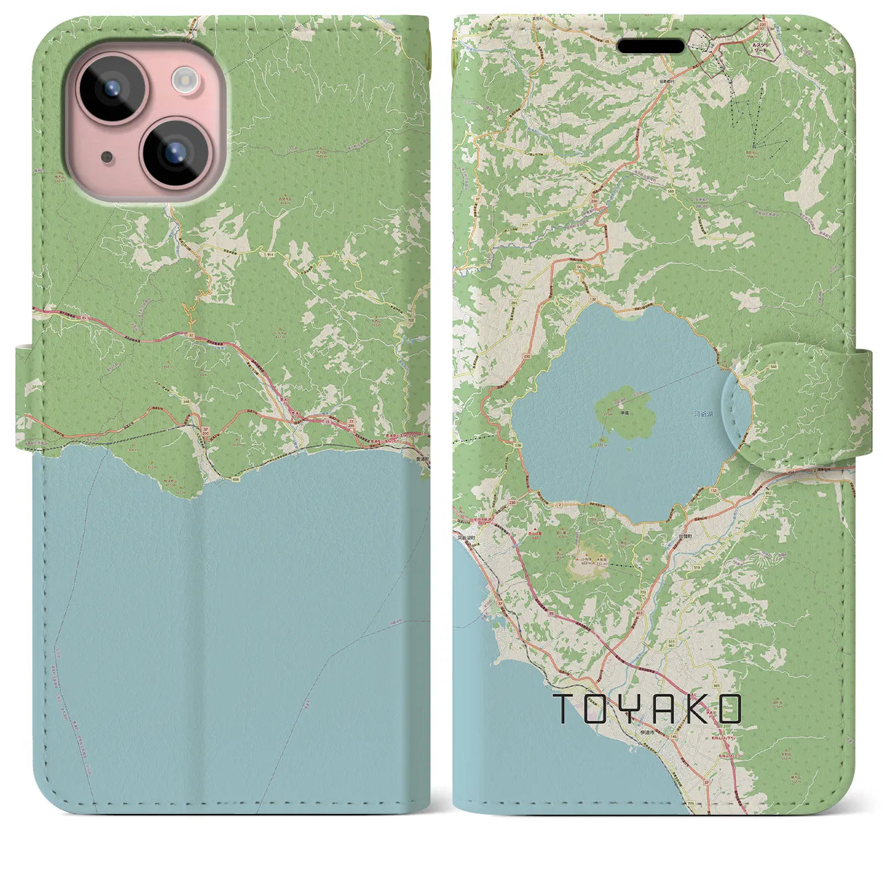 【洞爺湖(北海道)】地図柄iPhoneケース(手帳タイプ)ナチュラル・iPhone 15 Plus 用