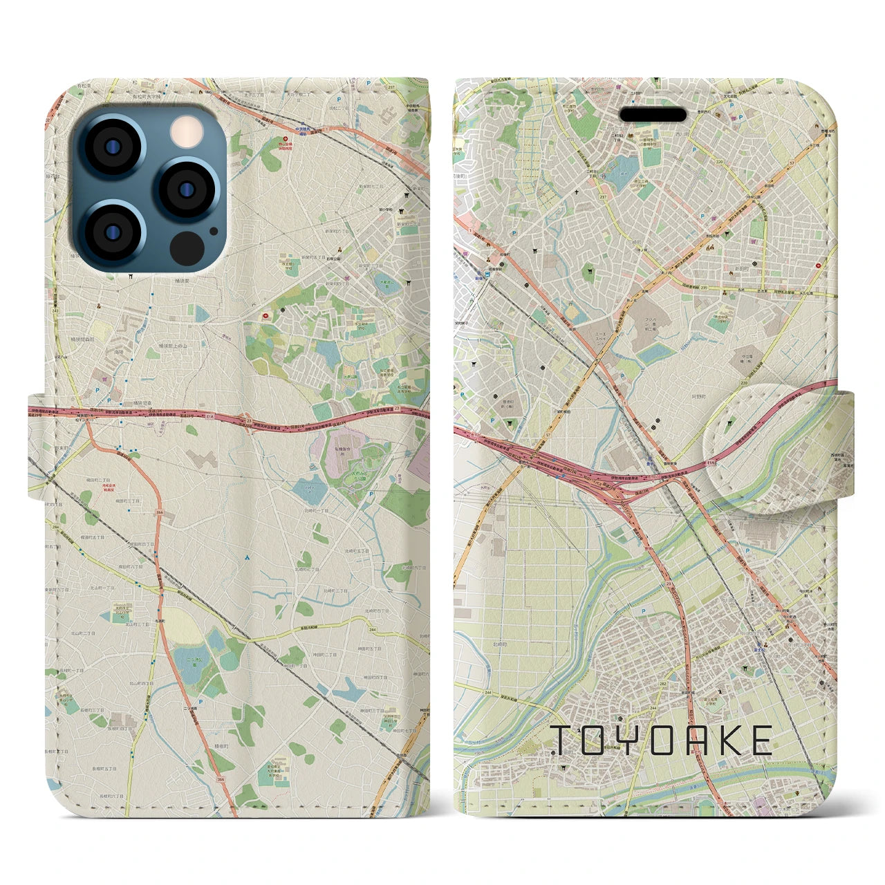 【豊明(愛知県)】地図柄iPhoneケース(手帳タイプ)ナチュラル・iPhone 12 / 12 Pro 用