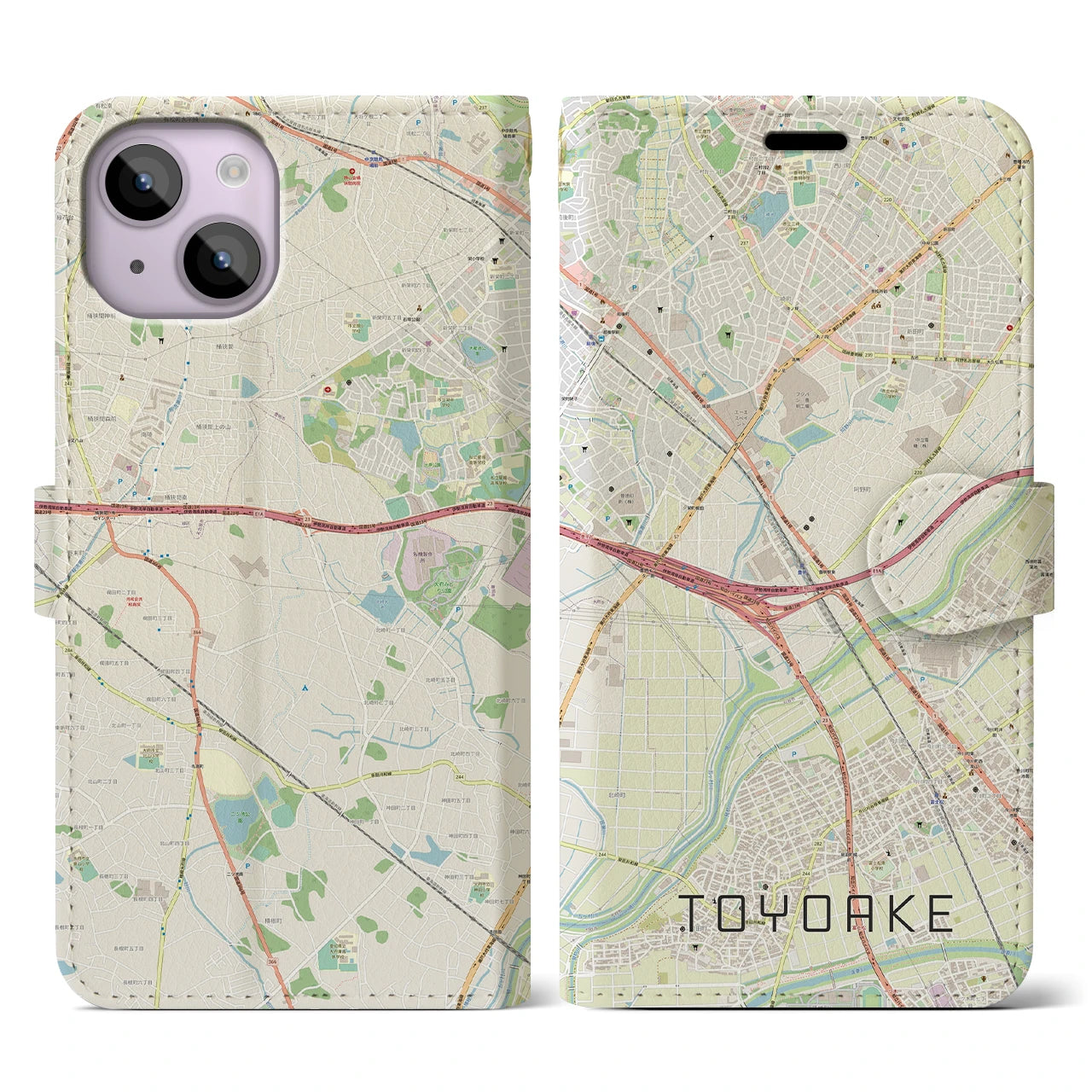 【豊明(愛知県)】地図柄iPhoneケース(手帳タイプ)ナチュラル・iPhone 14 用