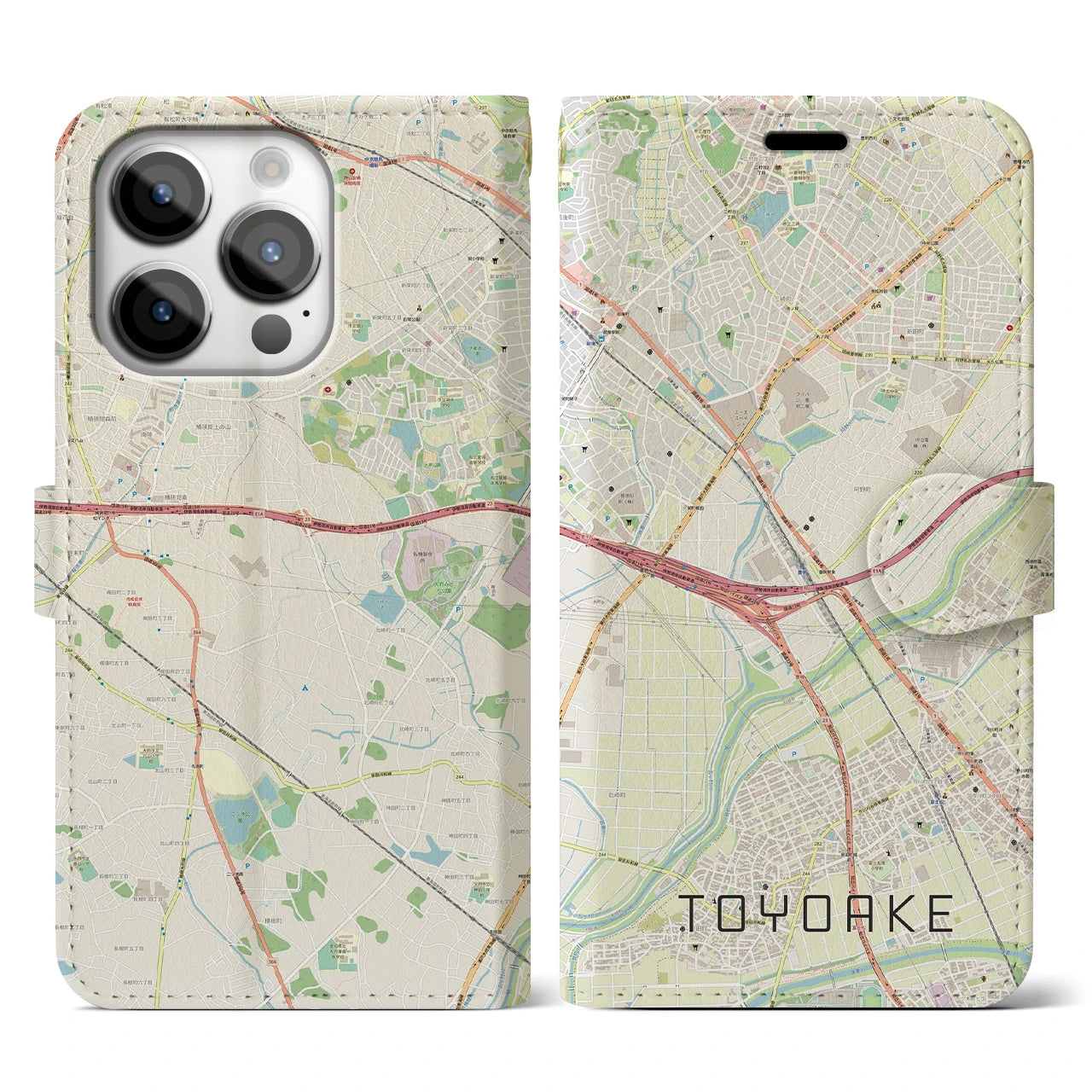 【豊明(愛知県)】地図柄iPhoneケース(手帳タイプ)ナチュラル・iPhone 14 Pro 用