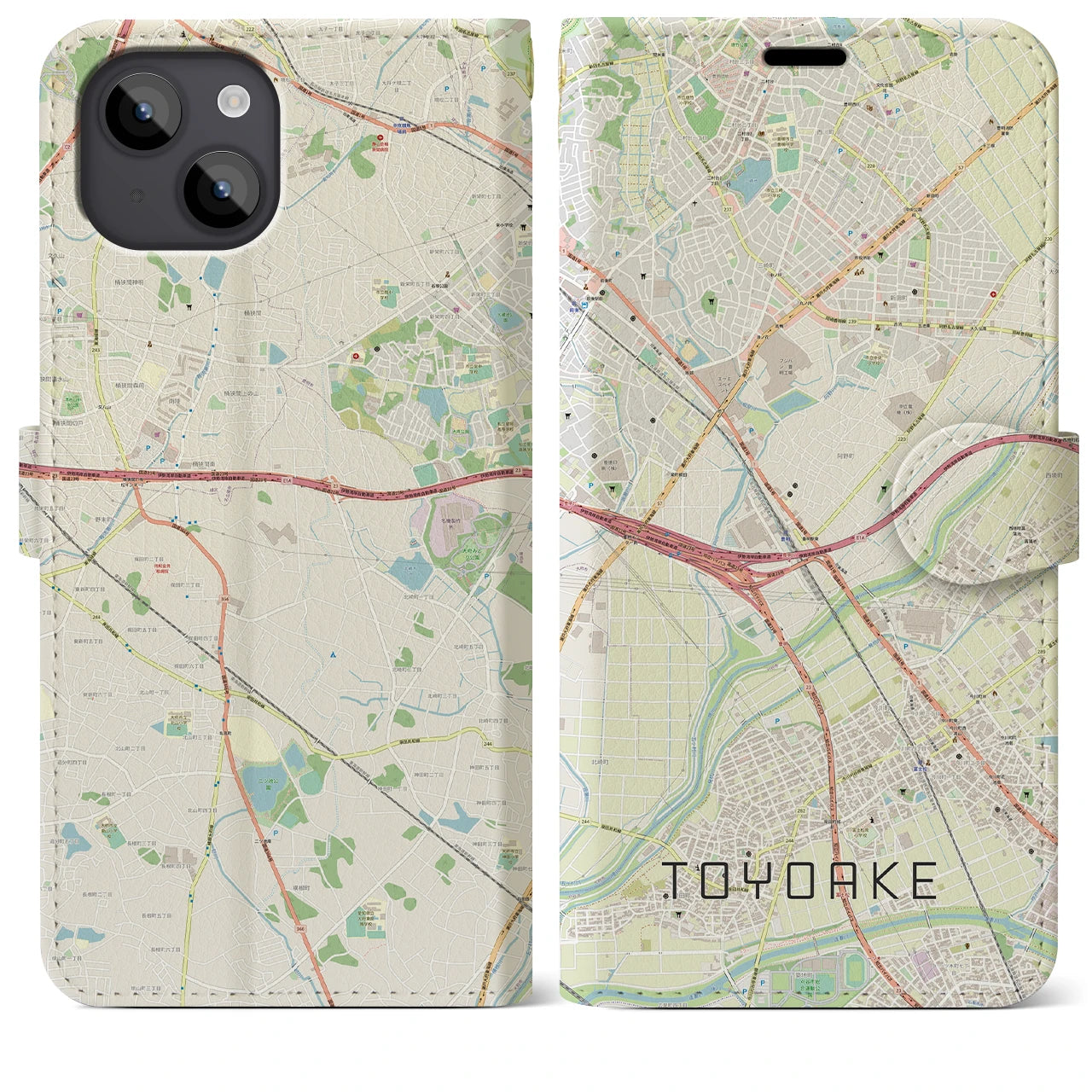 【豊明(愛知県)】地図柄iPhoneケース(手帳タイプ)ナチュラル・iPhone 14 Plus 用