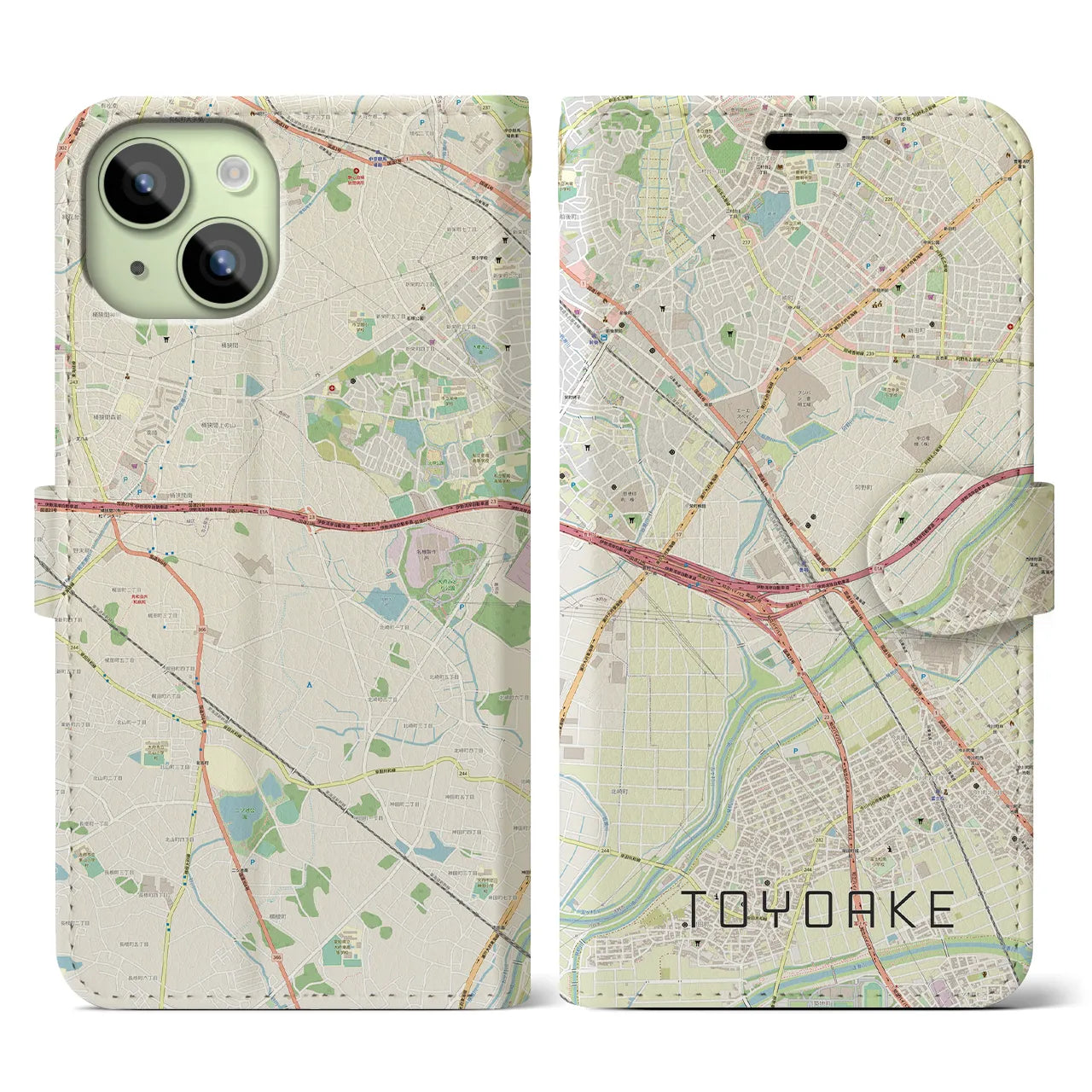 【豊明(愛知県)】地図柄iPhoneケース(手帳タイプ)ナチュラル・iPhone 15 用