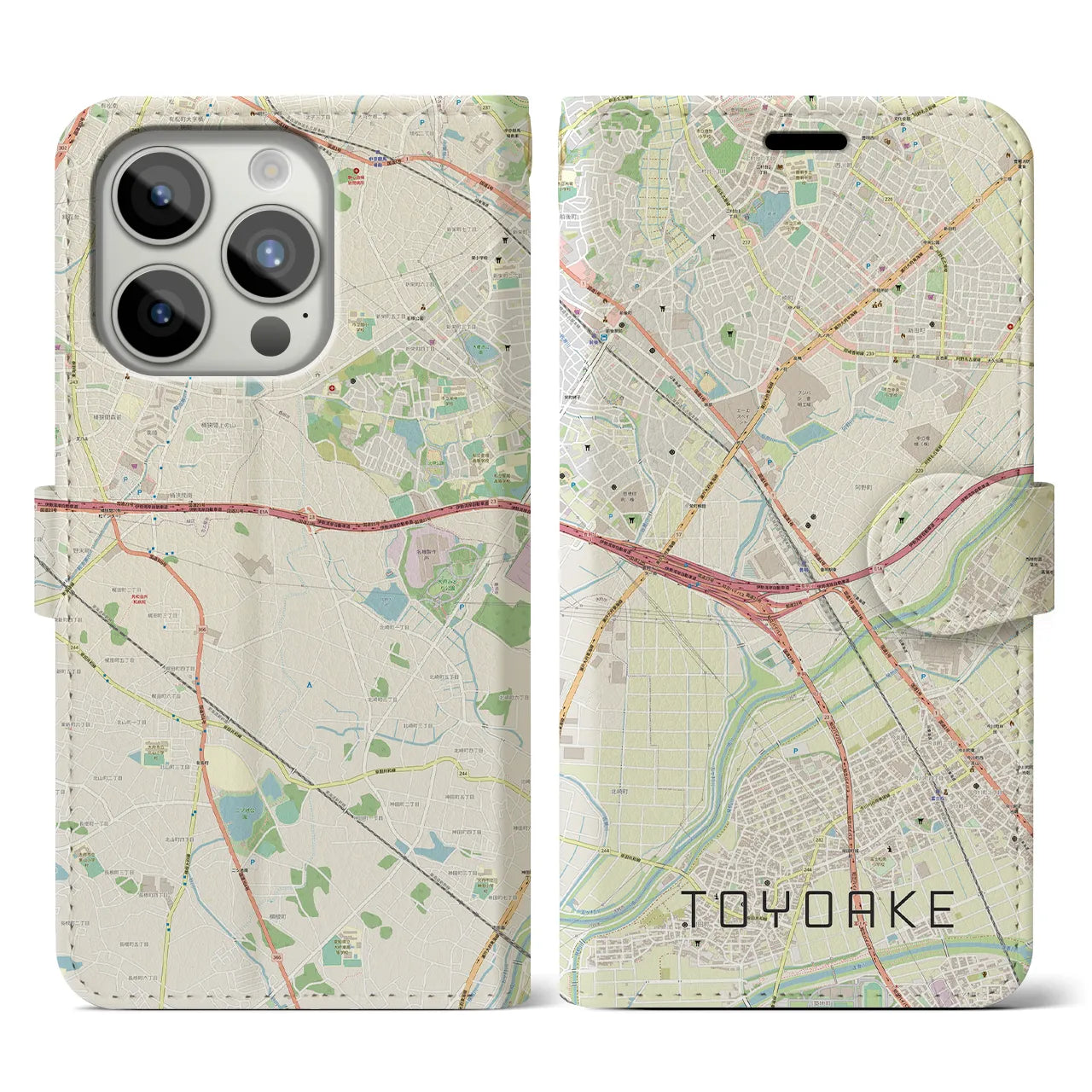 【豊明(愛知県)】地図柄iPhoneケース(手帳タイプ)ナチュラル・iPhone 15 Pro 用