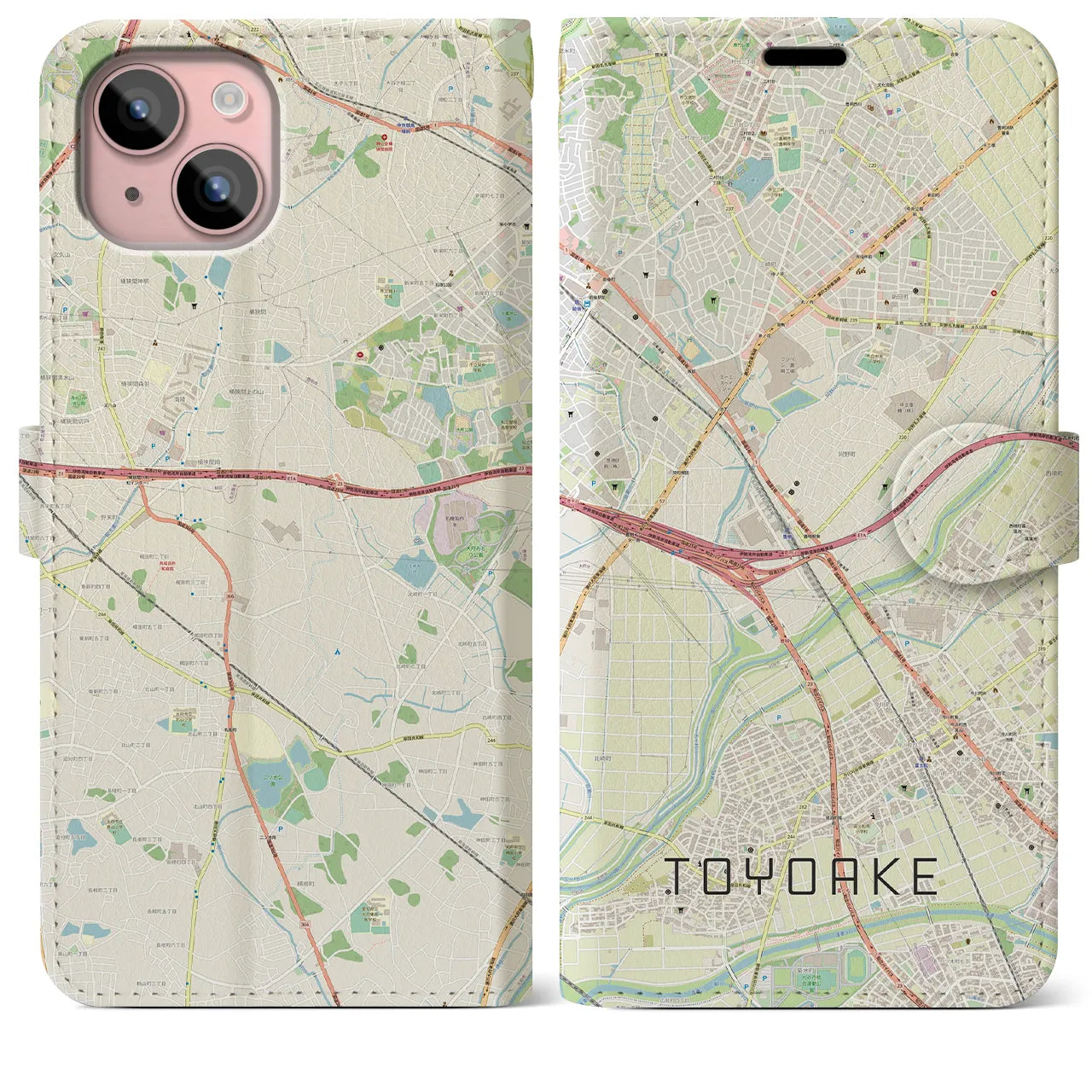 【豊明(愛知県)】地図柄iPhoneケース(手帳タイプ)ナチュラル・iPhone 15 Plus 用