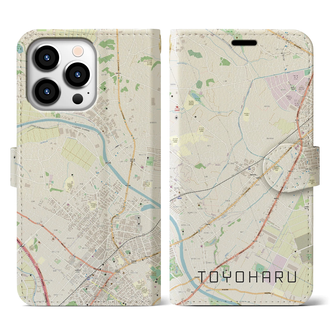 【豊春(埼玉県)】地図柄iPhoneケース(手帳タイプ)ナチュラル・iPhone 13 Pro 用