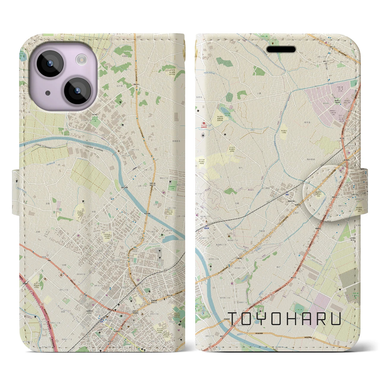 【豊春(埼玉県)】地図柄iPhoneケース(手帳タイプ)ナチュラル・iPhone 14 用