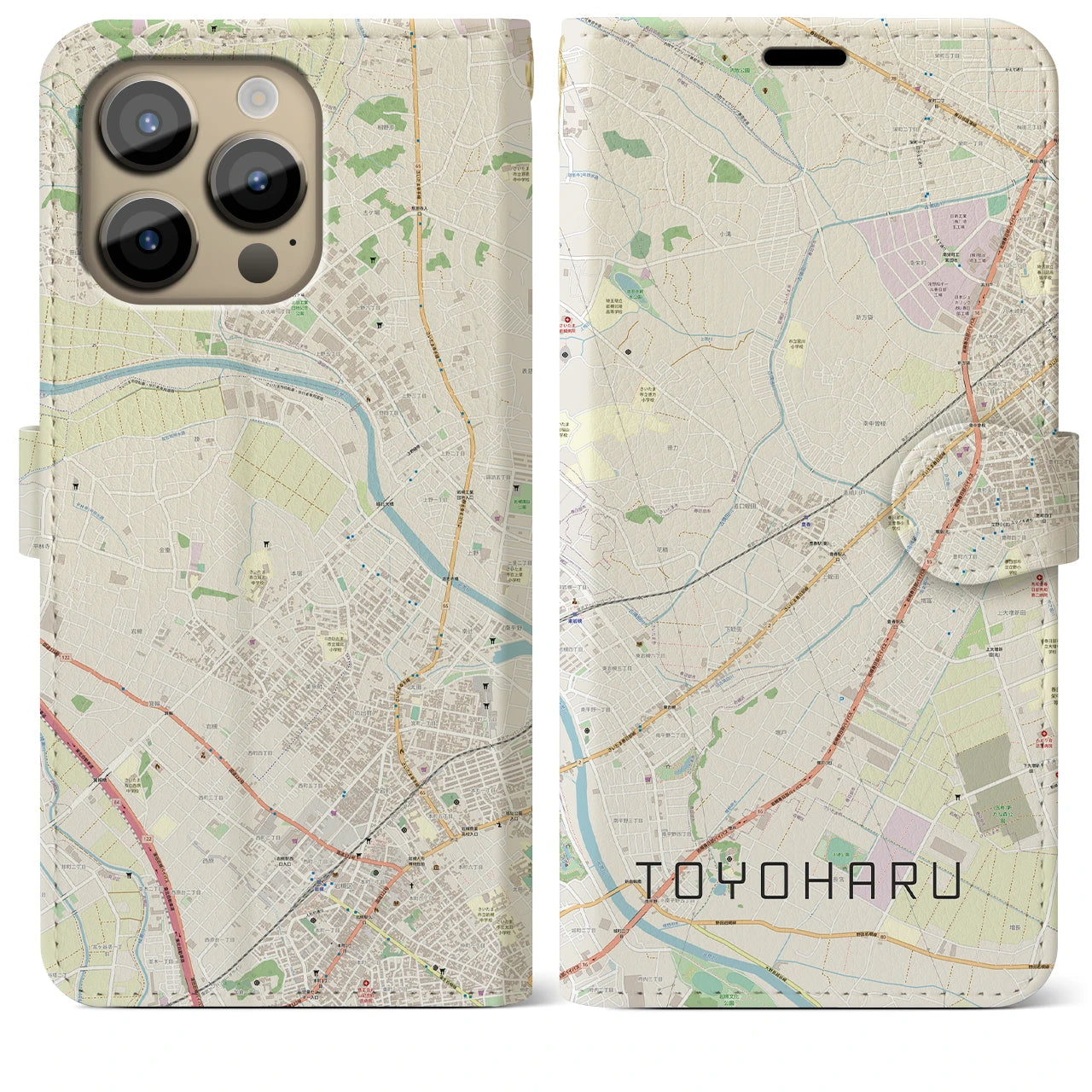 【豊春(埼玉県)】地図柄iPhoneケース(手帳タイプ)ナチュラル・iPhone 14 Pro Max 用