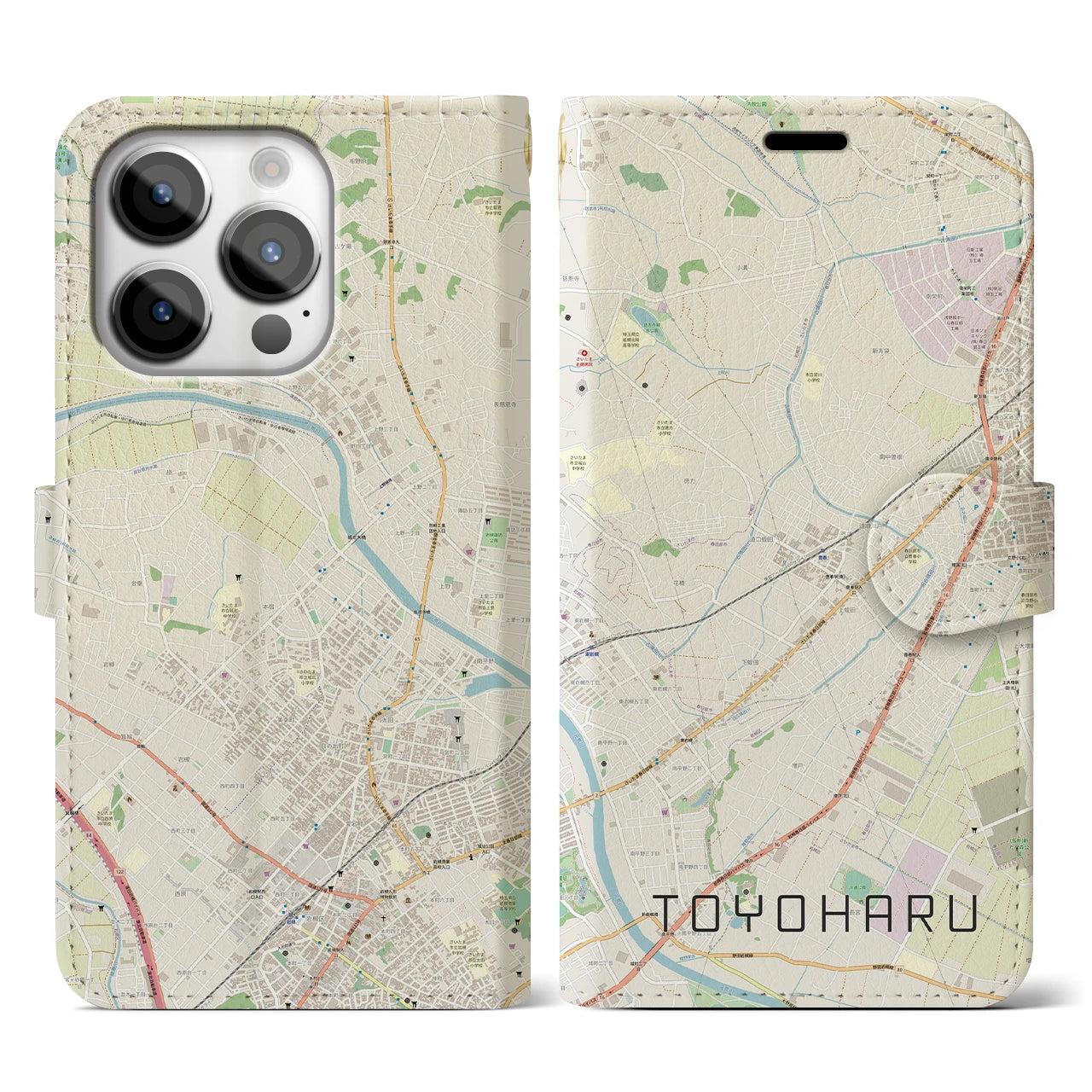 【豊春(埼玉県)】地図柄iPhoneケース(手帳タイプ)ナチュラル・iPhone 14 Pro 用