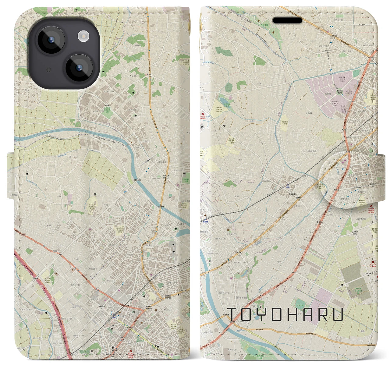 【豊春(埼玉県)】地図柄iPhoneケース(手帳タイプ)ナチュラル・iPhone 14 Plus 用