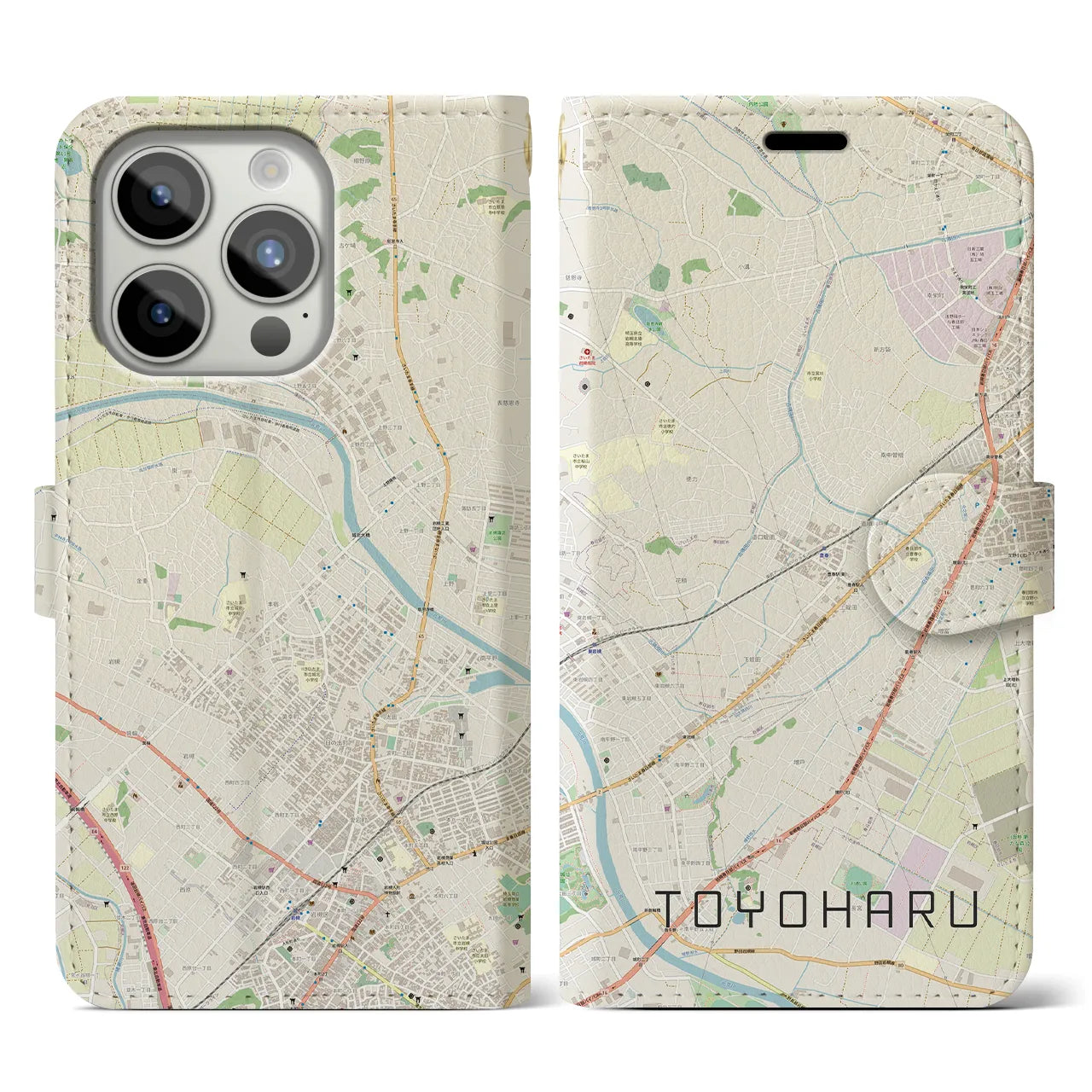 【豊春(埼玉県)】地図柄iPhoneケース(手帳タイプ)ナチュラル・iPhone 15 Pro 用