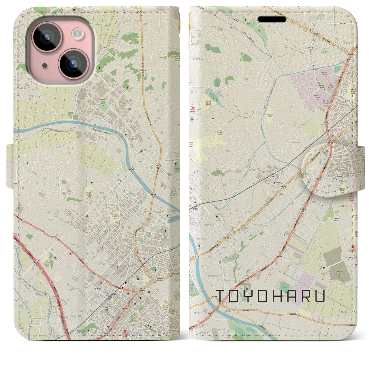 【豊春(埼玉県)】地図柄iPhoneケース(手帳タイプ)ナチュラル・iPhone 15 Plus 用