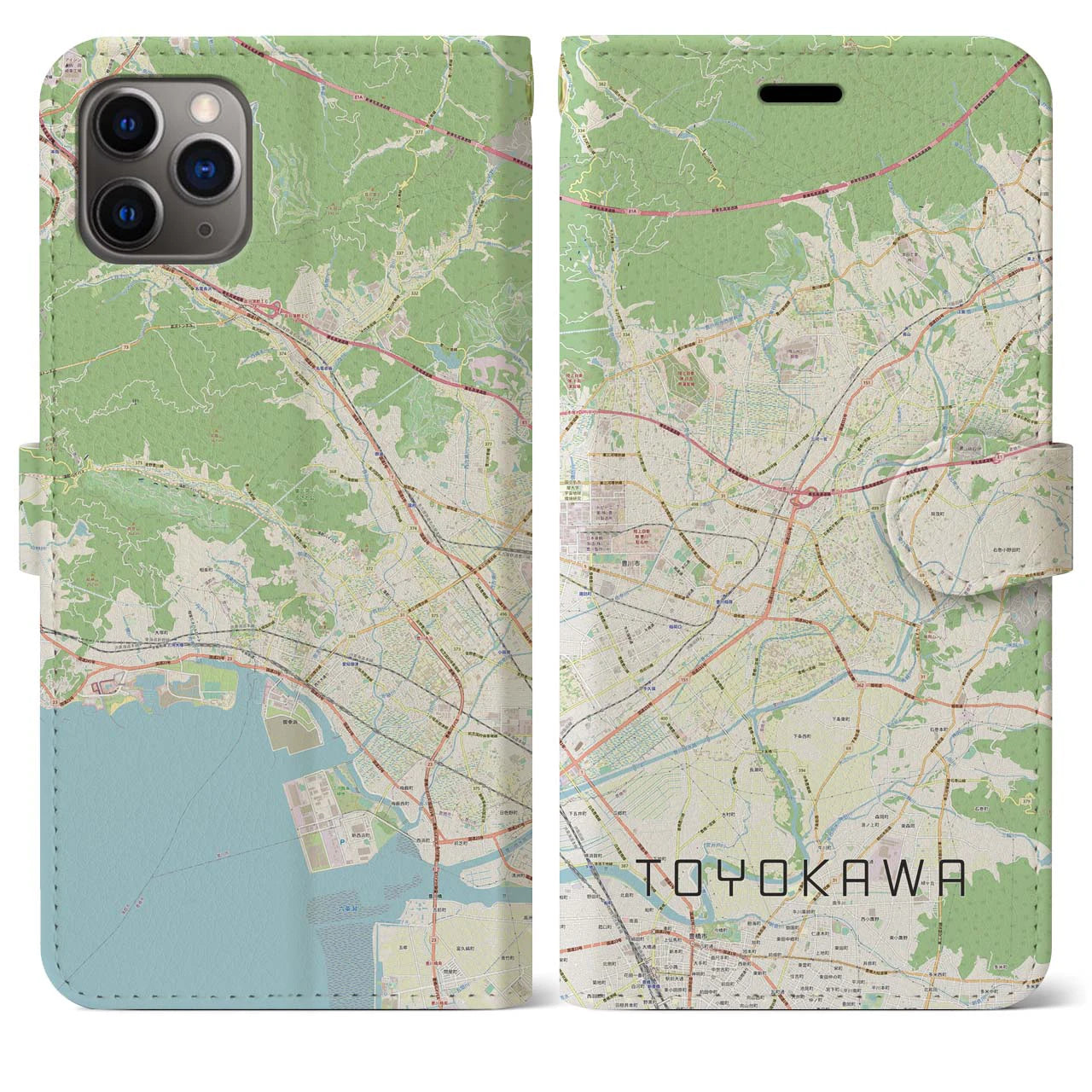 【豊川(愛知県)】地図柄iPhoneケース(手帳タイプ)ナチュラル・iPhone 11 Pro Max 用