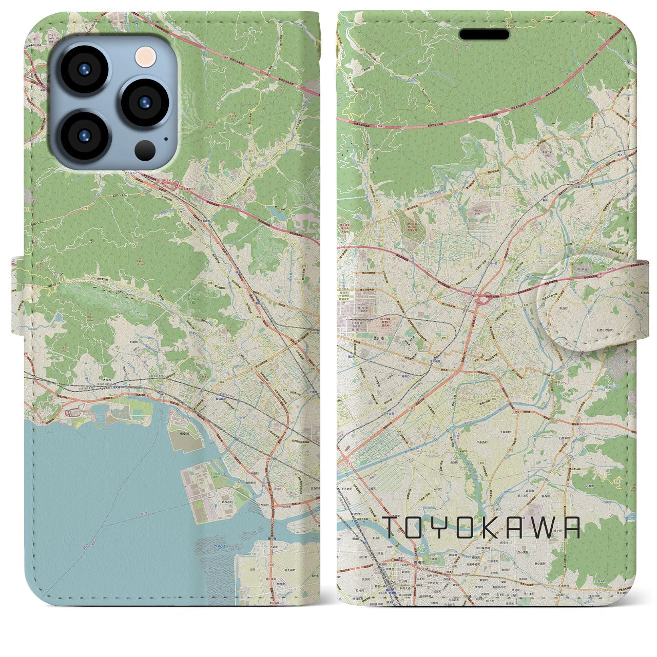 【豊川(愛知県)】地図柄iPhoneケース(手帳タイプ)ナチュラル・iPhone 13 Pro Max 用