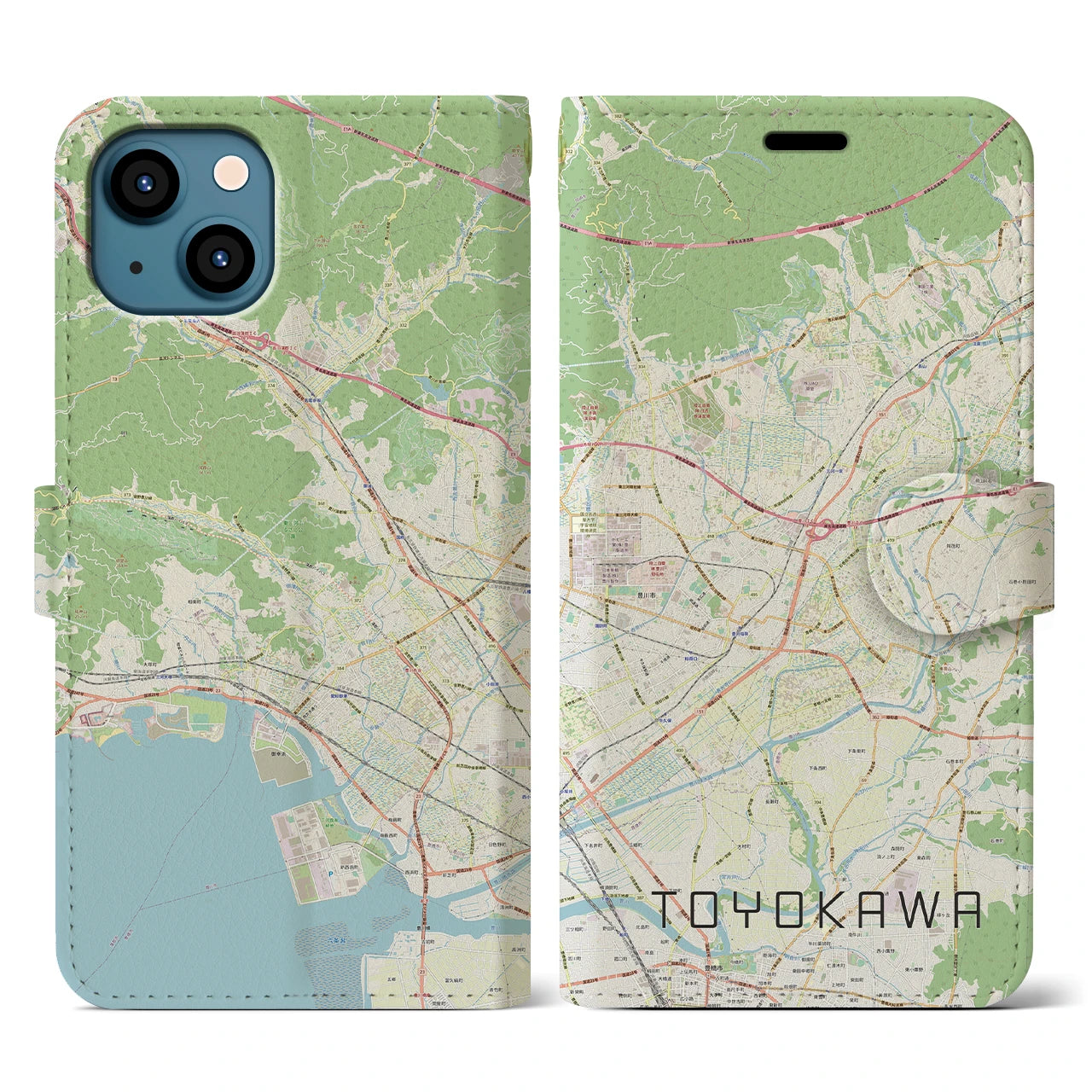 【豊川(愛知県)】地図柄iPhoneケース(手帳タイプ)ナチュラル・iPhone 13 用