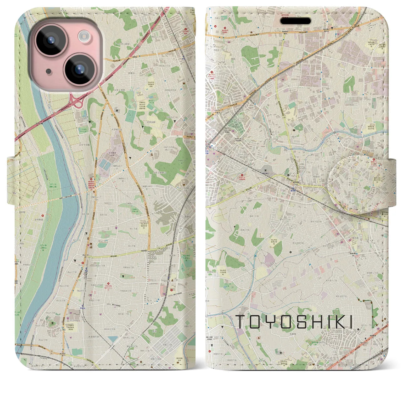 【豊四季(千葉県)】地図柄iPhoneケース(手帳タイプ)ナチュラル・iPhone 15 Plus 用