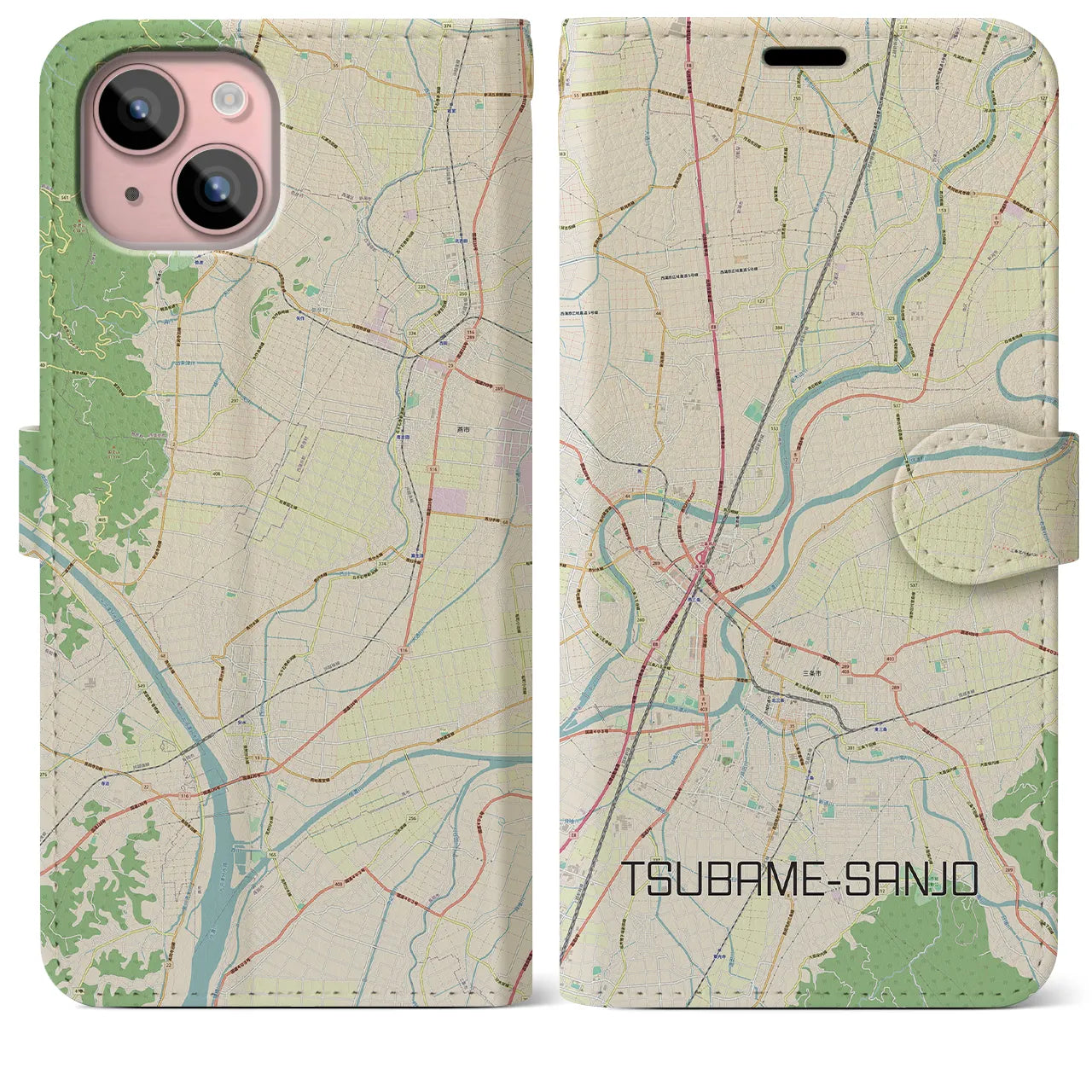 【燕三条(新潟県)】地図柄iPhoneケース(手帳タイプ)ナチュラル・iPhone 15 Plus 用