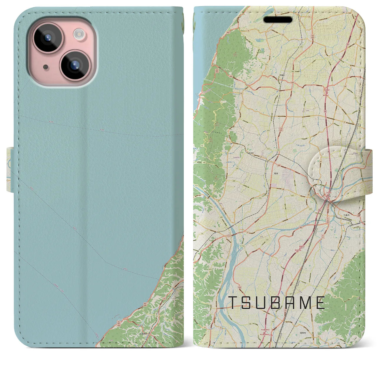 【燕(新潟県)】地図柄iPhoneケース(手帳タイプ)ナチュラル・iPhone 15 Plus 用