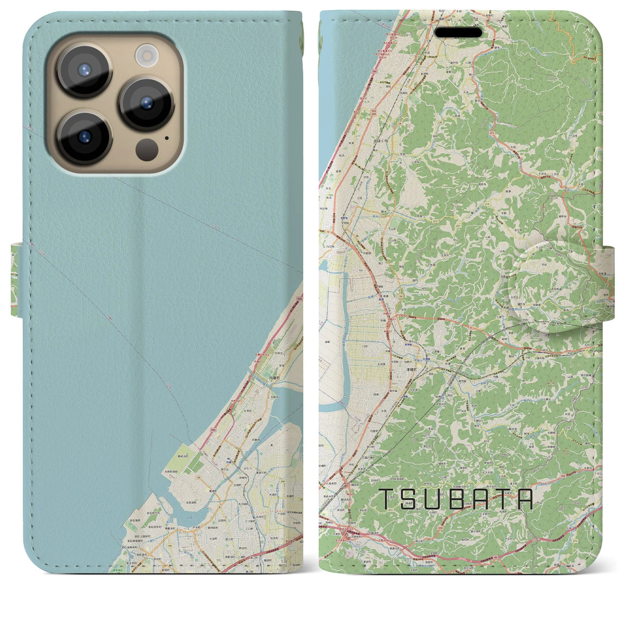 【津幡(石川県)】地図柄iPhoneケース(手帳タイプ)ナチュラル・iPhone 14 Pro Max 用