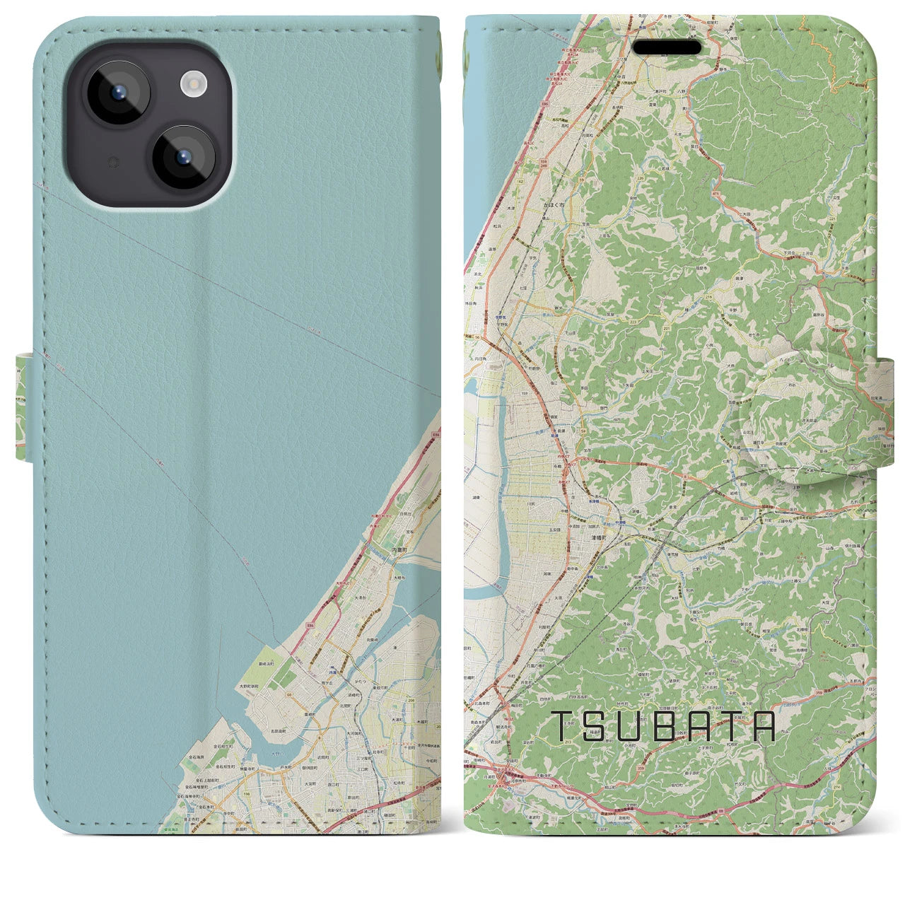 【津幡(石川県)】地図柄iPhoneケース(手帳タイプ)ナチュラル・iPhone 14 Plus 用