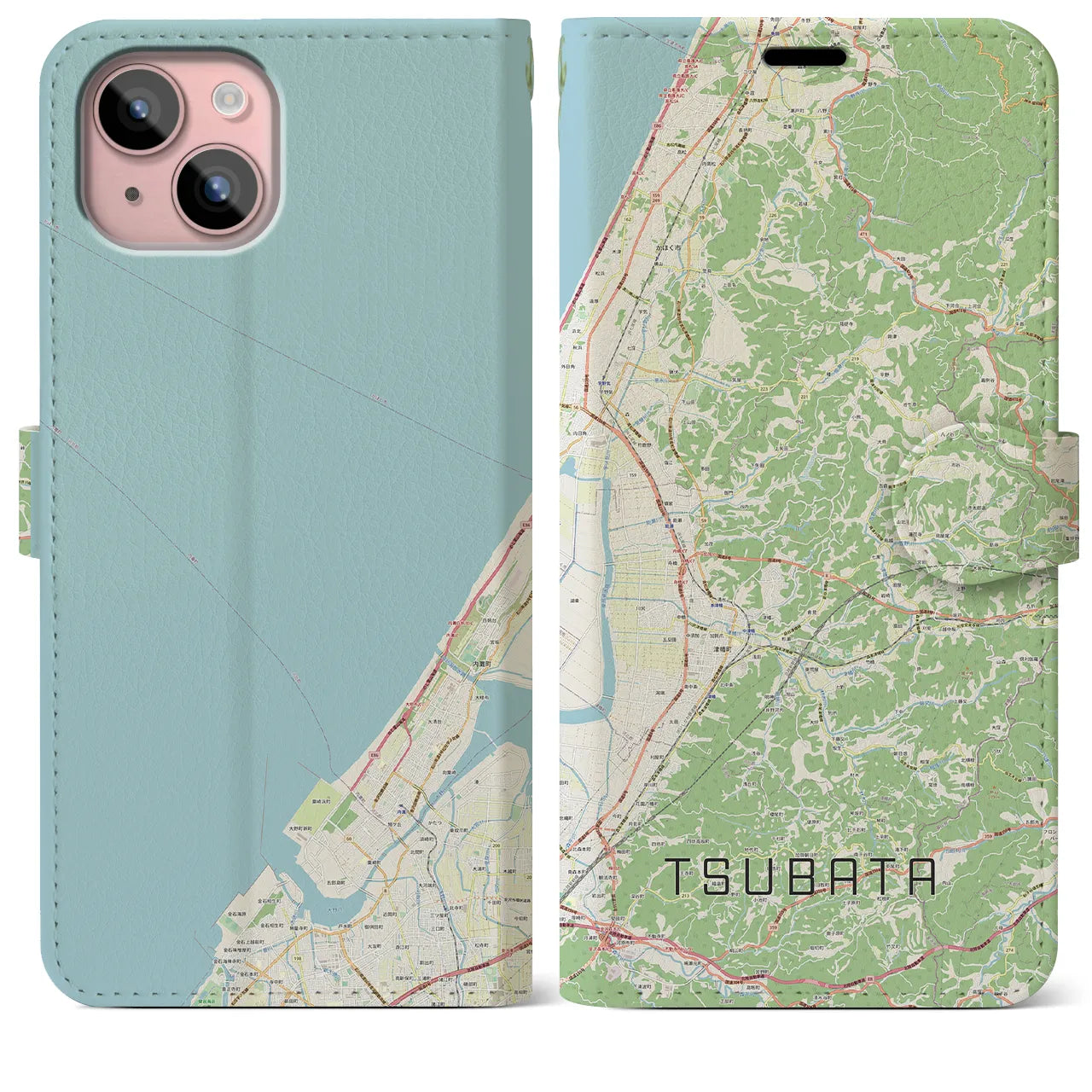 【津幡(石川県)】地図柄iPhoneケース(手帳タイプ)ナチュラル・iPhone 15 Plus 用