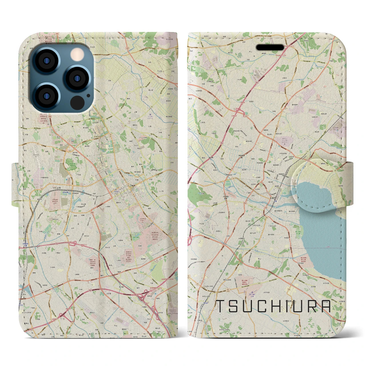 【土浦(茨城県)】地図柄iPhoneケース(手帳タイプ)ナチュラル・iPhone 12 / 12 Pro 用