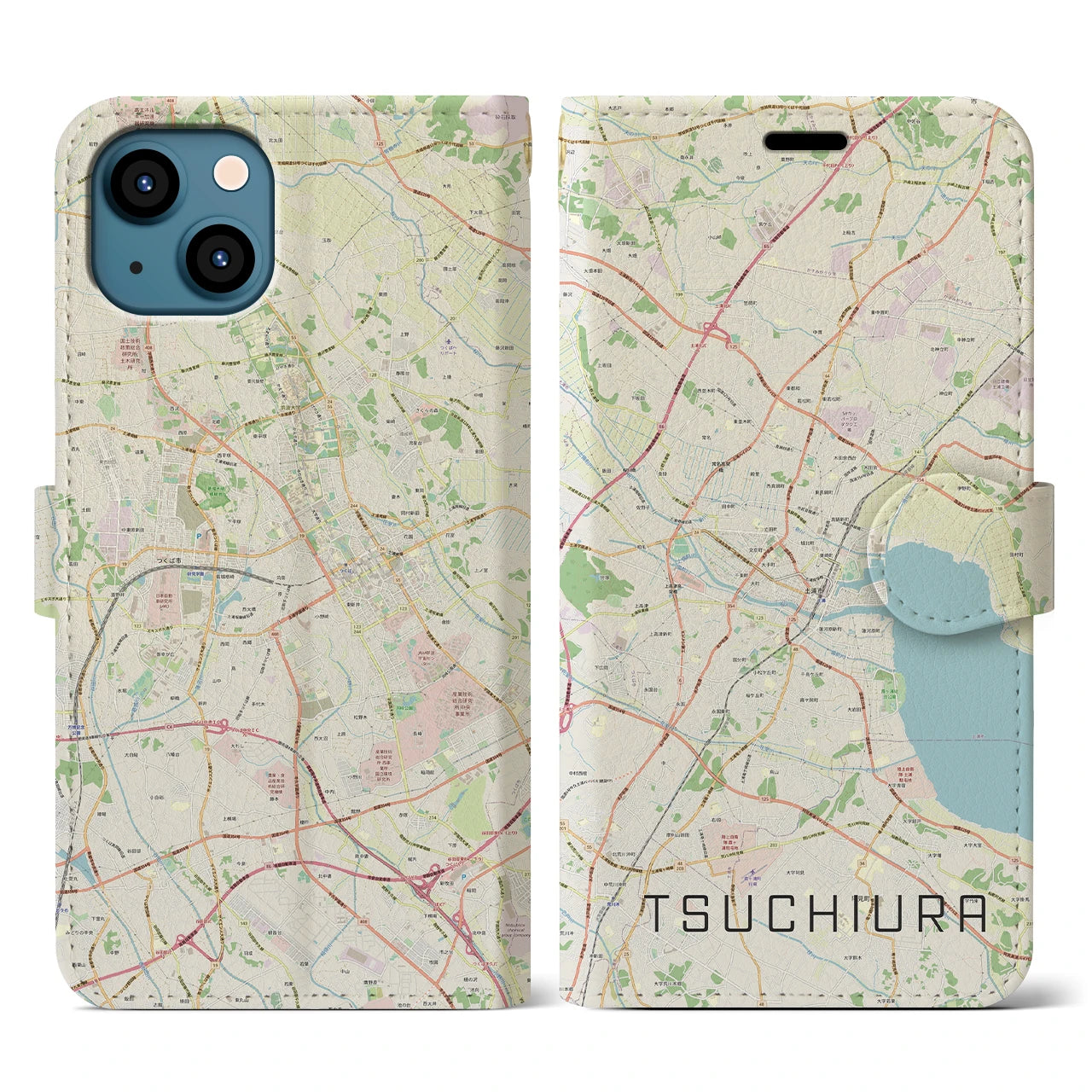 【土浦(茨城県)】地図柄iPhoneケース(手帳タイプ)ナチュラル・iPhone 13 用