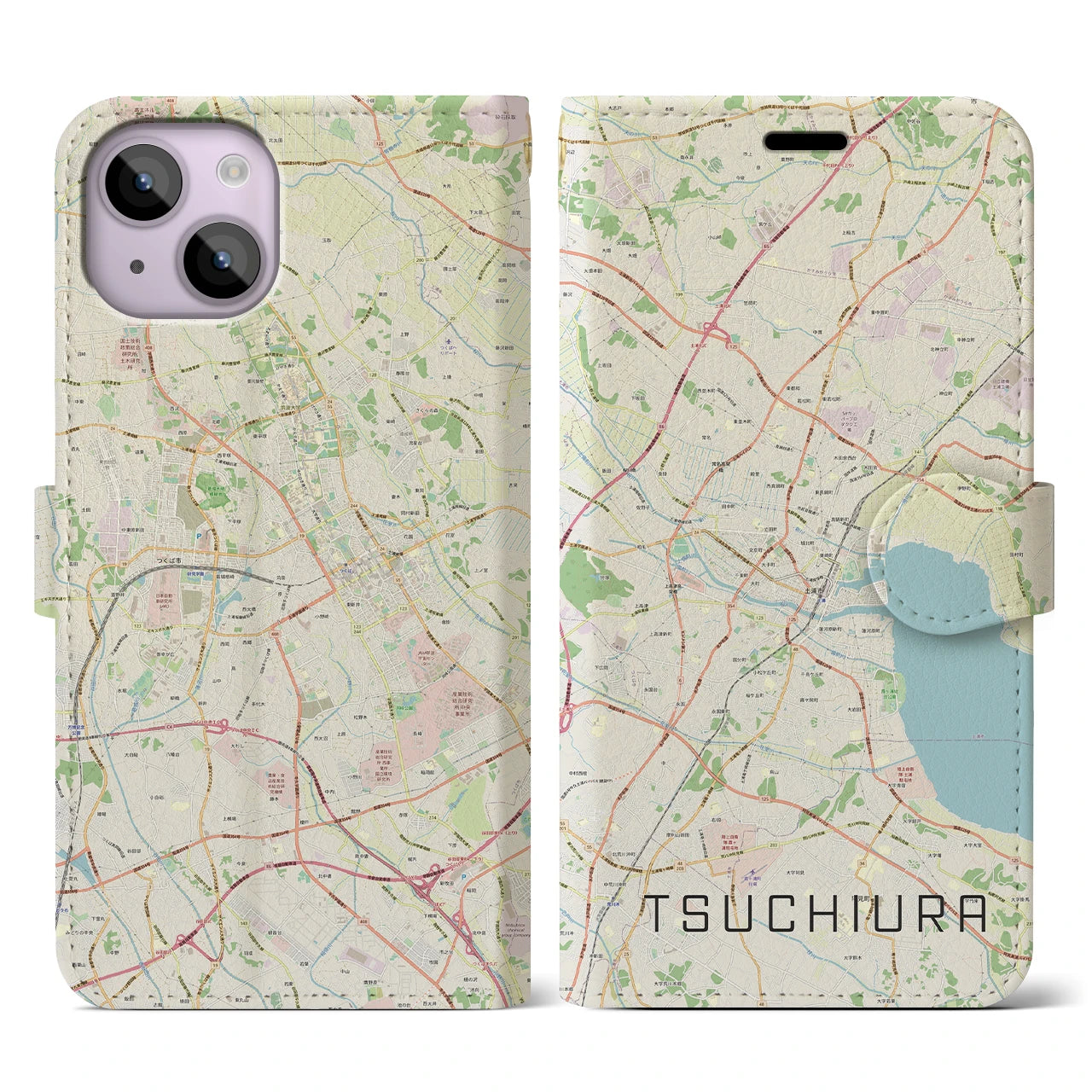 【土浦(茨城県)】地図柄iPhoneケース(手帳タイプ)ナチュラル・iPhone 14 用