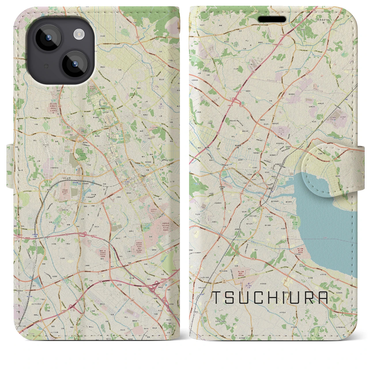【土浦(茨城県)】地図柄iPhoneケース(手帳タイプ)ナチュラル・iPhone 14 Plus 用