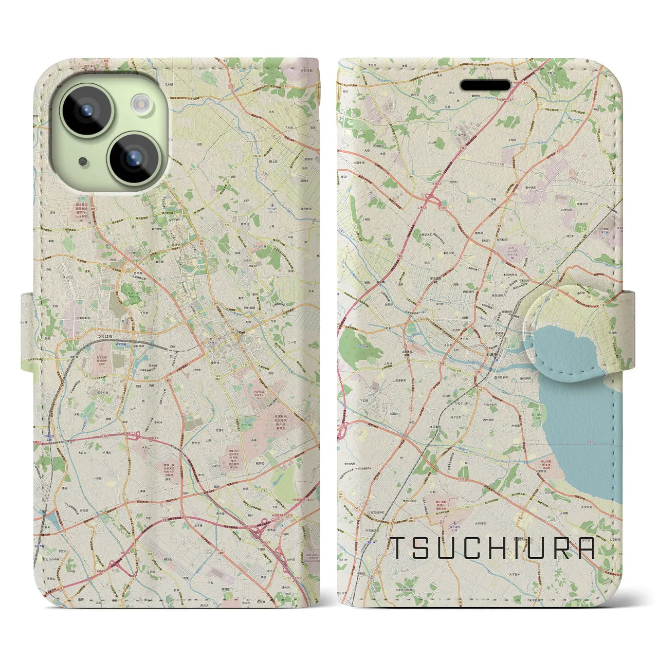 【土浦(茨城県)】地図柄iPhoneケース(手帳タイプ)ナチュラル・iPhone 15 用