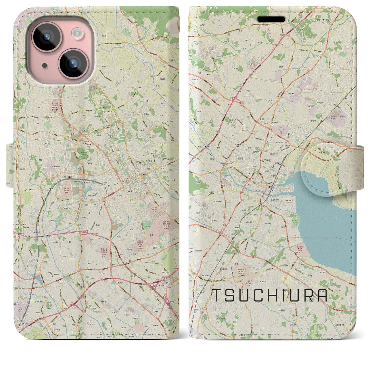 【土浦(茨城県)】地図柄iPhoneケース(手帳タイプ)ナチュラル・iPhone 15 Plus 用