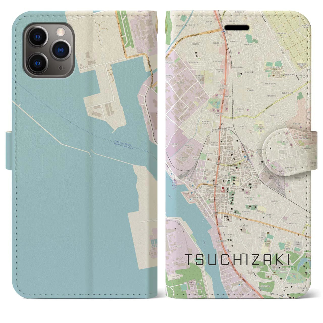 【土崎(秋田県)】地図柄iPhoneケース(手帳タイプ)ナチュラル・iPhone 11 Pro Max 用