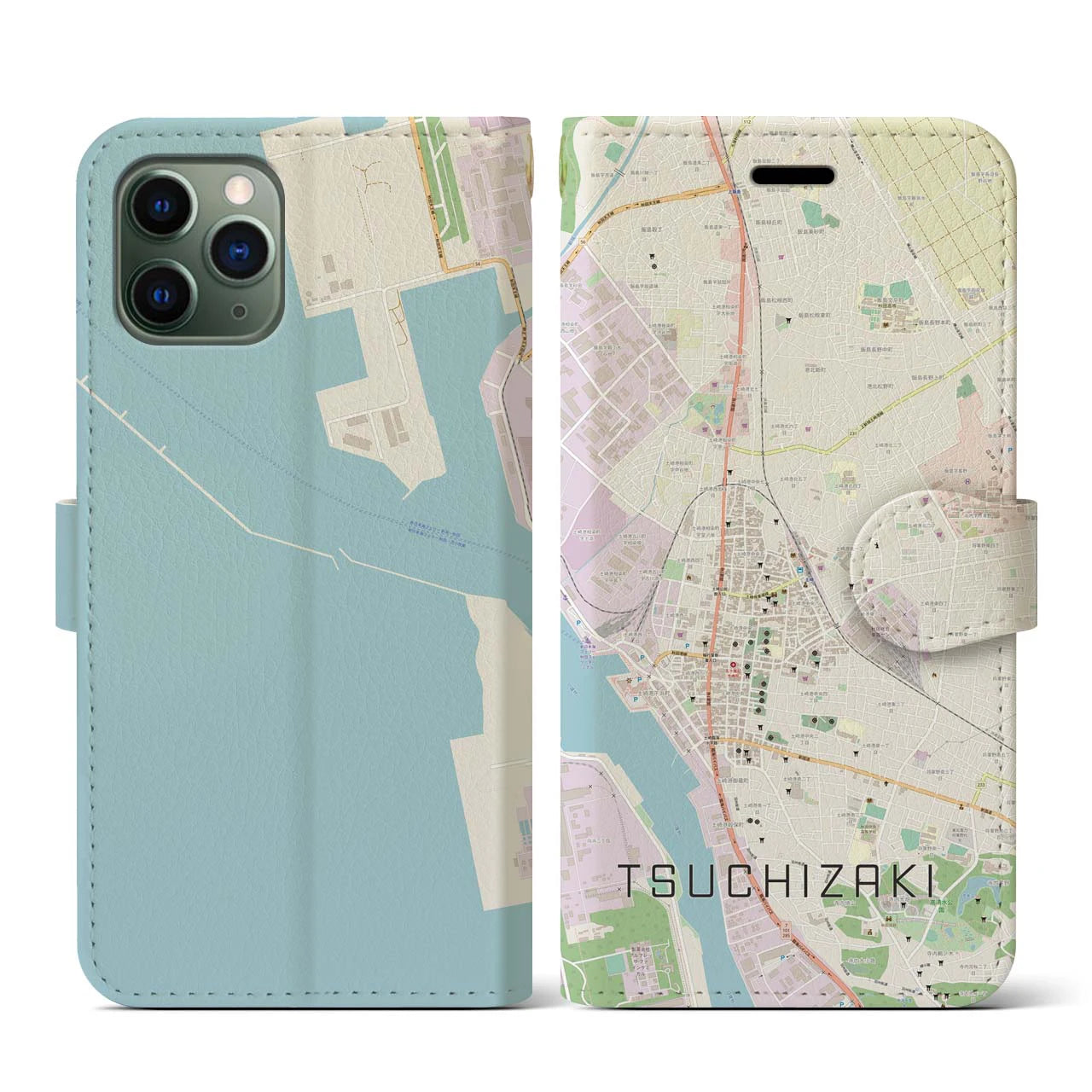 【土崎(秋田県)】地図柄iPhoneケース(手帳タイプ)ナチュラル・iPhone 11 Pro 用