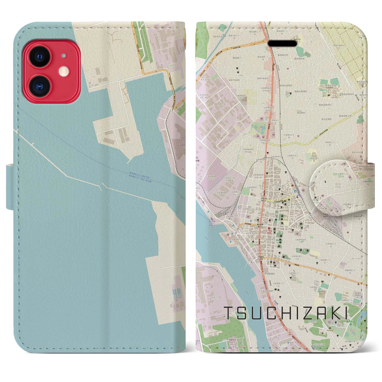 【土崎(秋田県)】地図柄iPhoneケース(手帳タイプ)ナチュラル・iPhone 11 用
