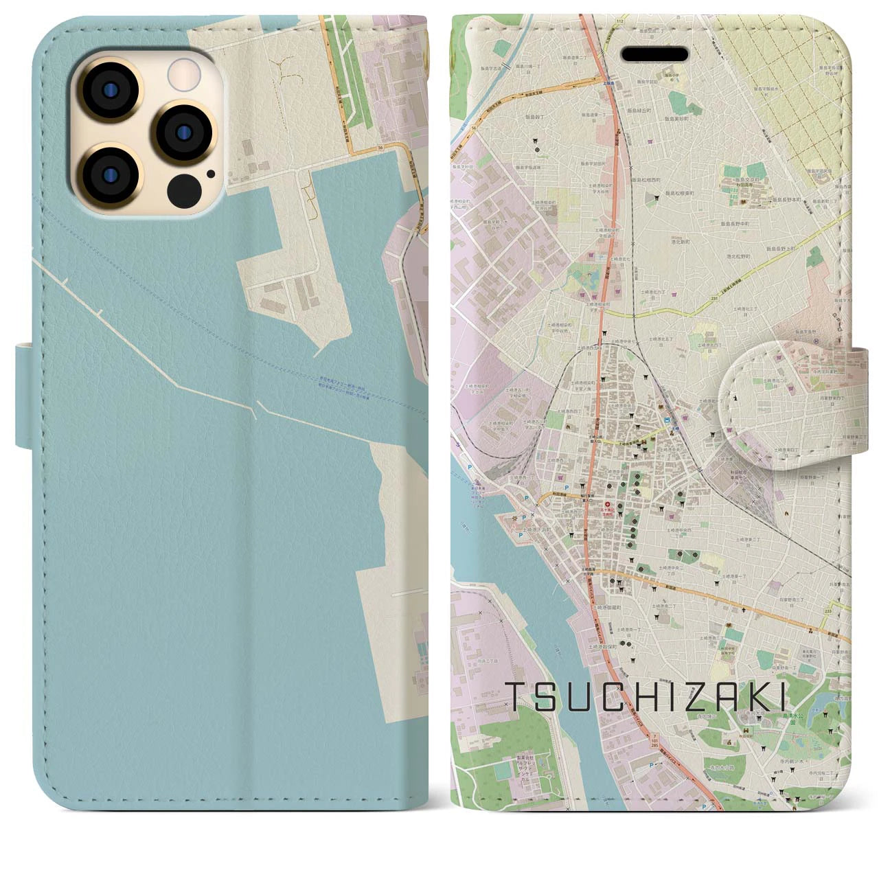【土崎(秋田県)】地図柄iPhoneケース(手帳タイプ)ナチュラル・iPhone 12 Pro Max 用