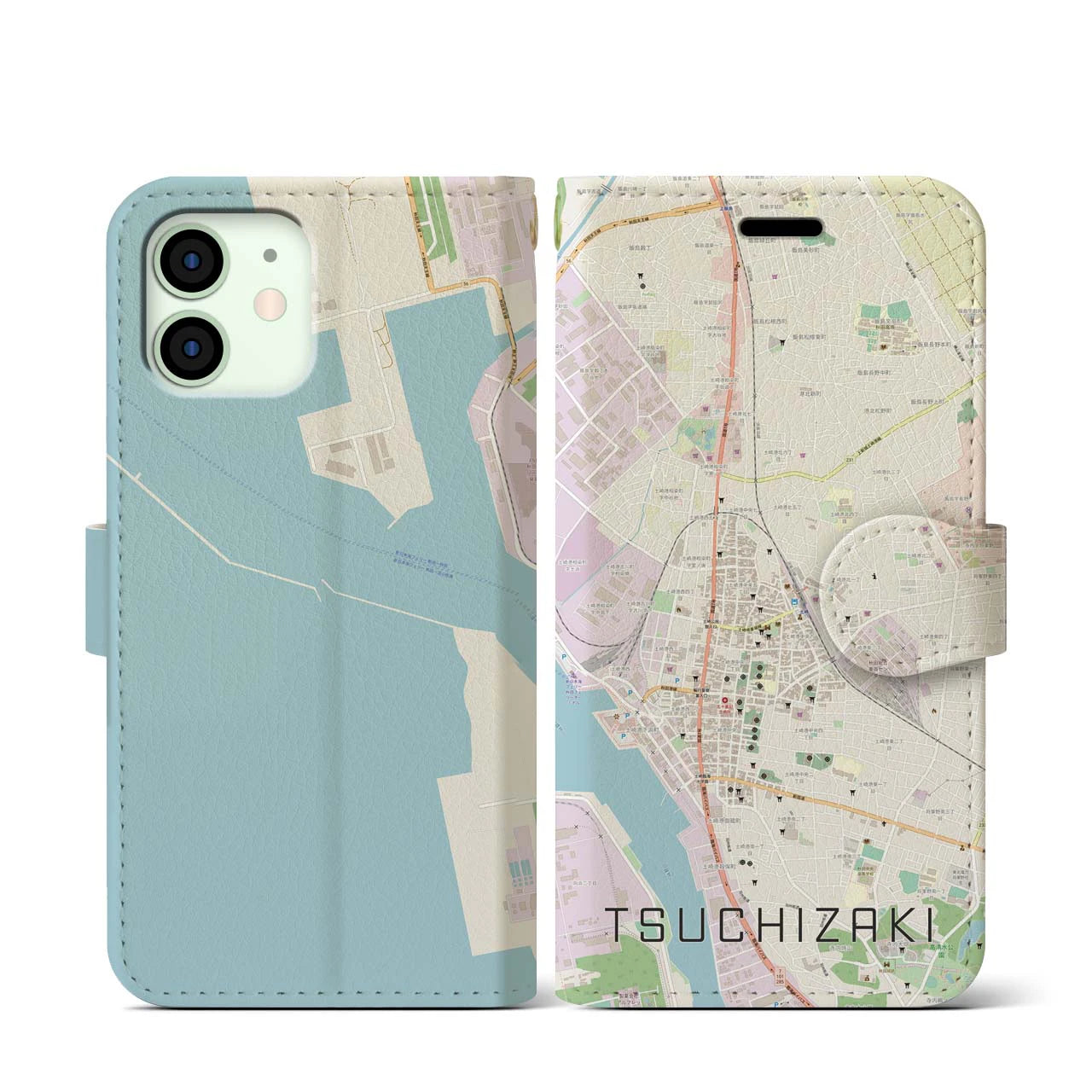 【土崎(秋田県)】地図柄iPhoneケース(手帳タイプ)ナチュラル・iPhone 12 mini 用
