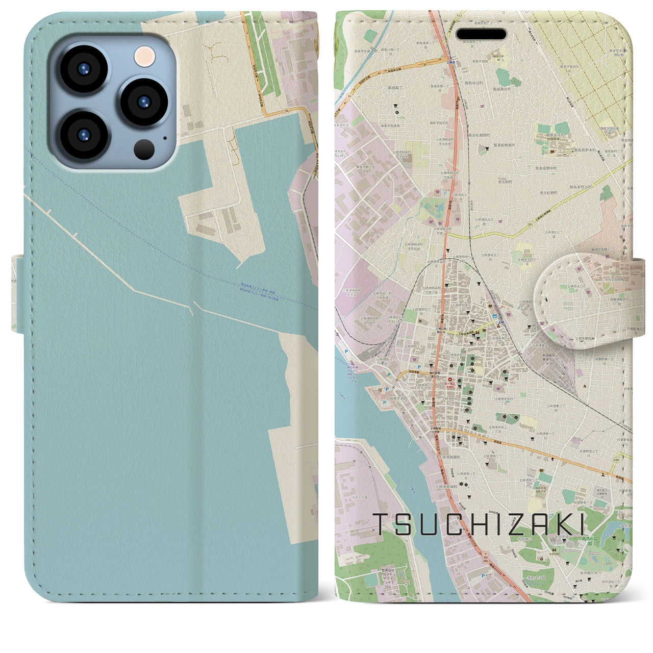 【土崎(秋田県)】地図柄iPhoneケース(手帳タイプ)ナチュラル・iPhone 13 Pro Max 用