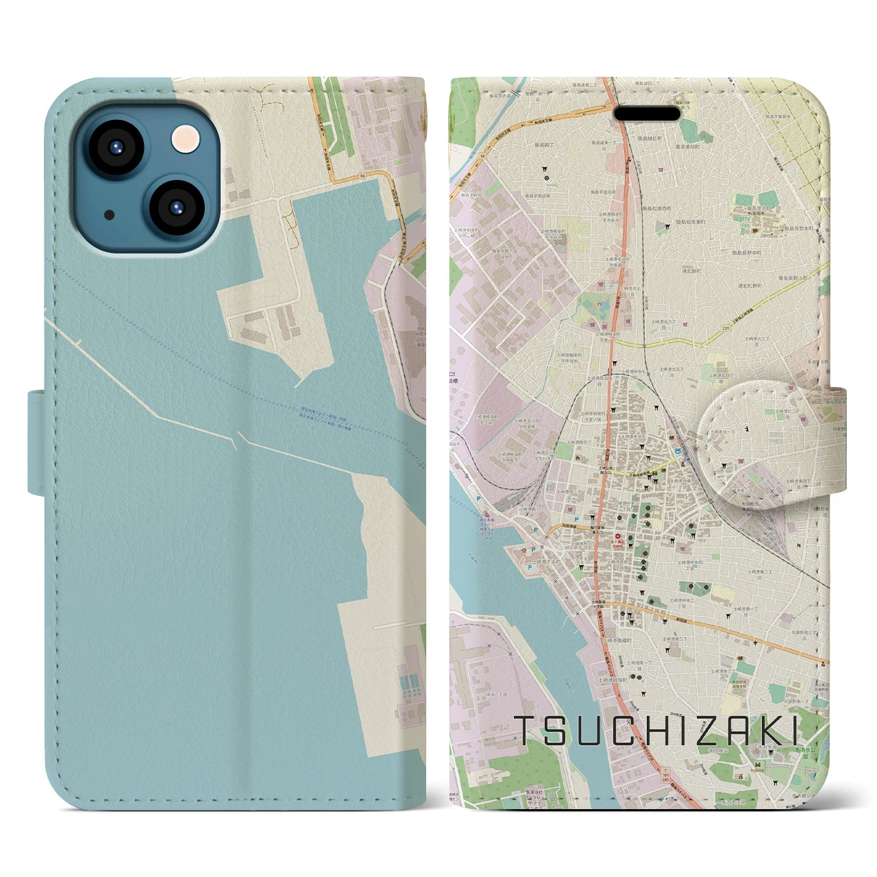 【土崎(秋田県)】地図柄iPhoneケース(手帳タイプ)ナチュラル・iPhone 13 用