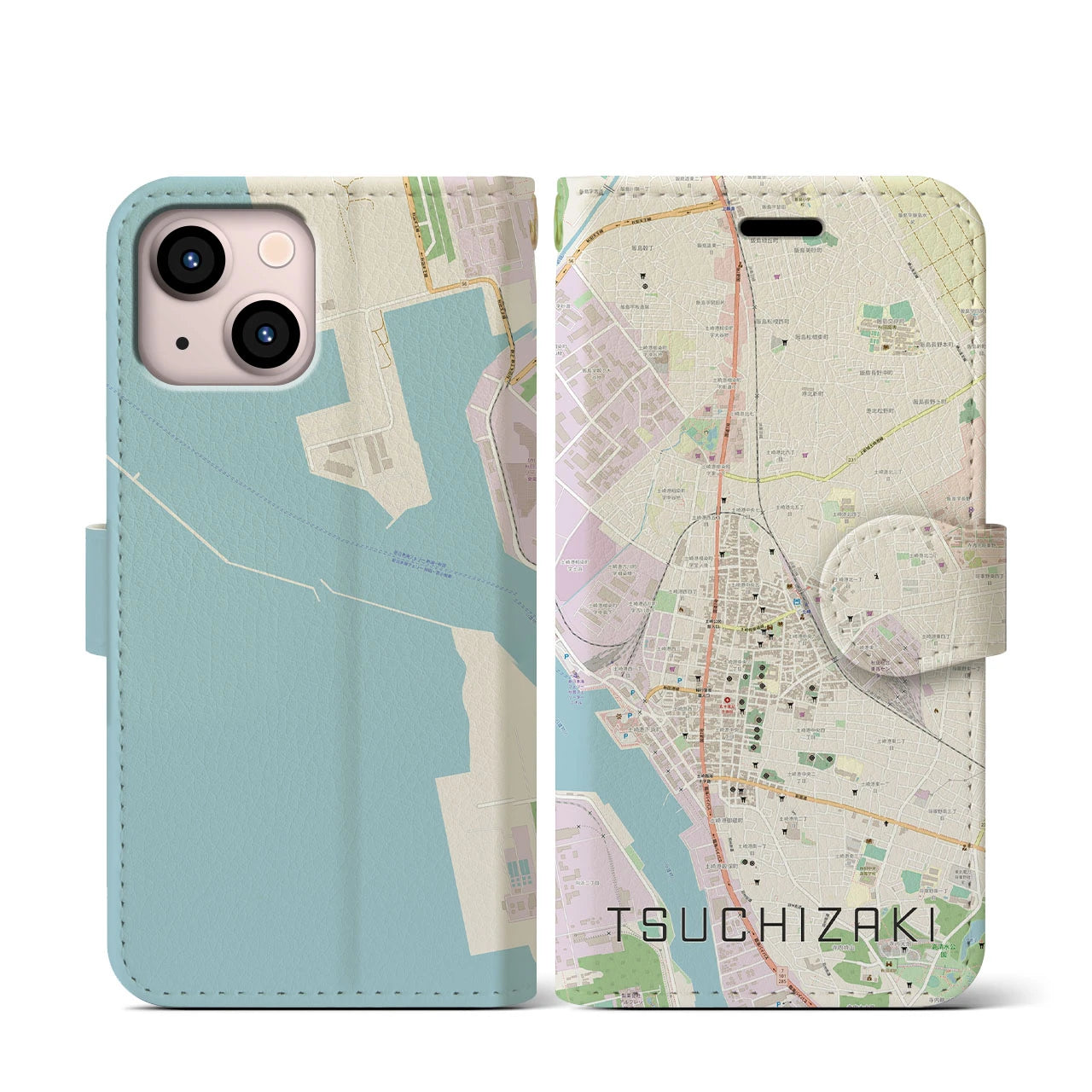 【土崎(秋田県)】地図柄iPhoneケース(手帳タイプ)ナチュラル・iPhone 13 mini 用