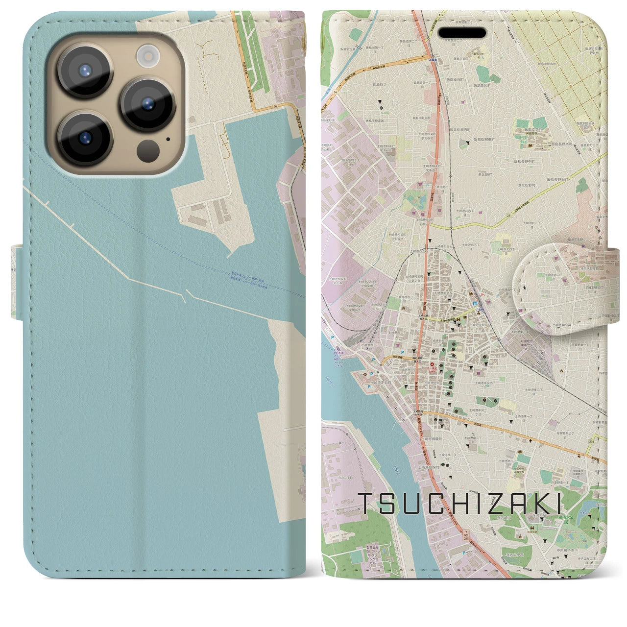 【土崎(秋田県)】地図柄iPhoneケース(手帳タイプ)ナチュラル・iPhone 14 Pro Max 用