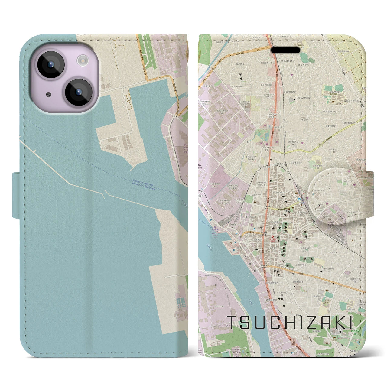 【土崎(秋田県)】地図柄iPhoneケース(手帳タイプ)ナチュラル・iPhone 14 用