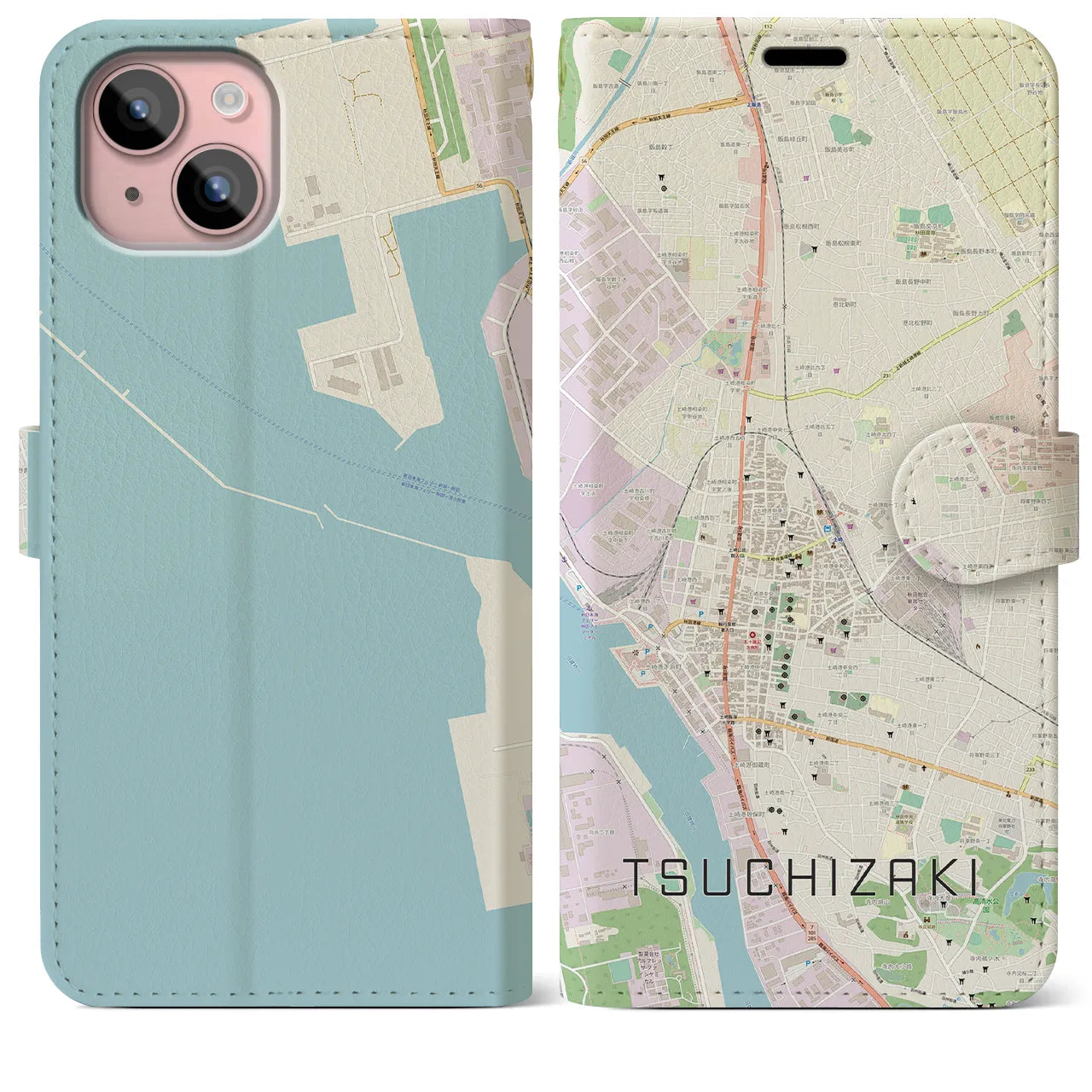 【土崎(秋田県)】地図柄iPhoneケース(手帳タイプ)ナチュラル・iPhone 15 Plus 用